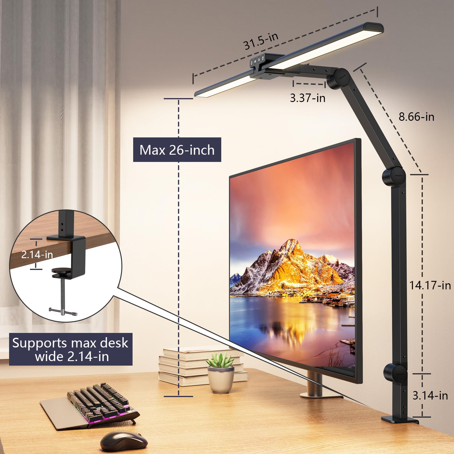 KableRika Dual Head LED Desk Lamp with Clamp - 24W Ultra Bright Architect Table Lamp, 4 Brightness Levels & 4 Color Temperatures, Auto Dimming Task Light for Home Office, Monitor Work, Study and Reading