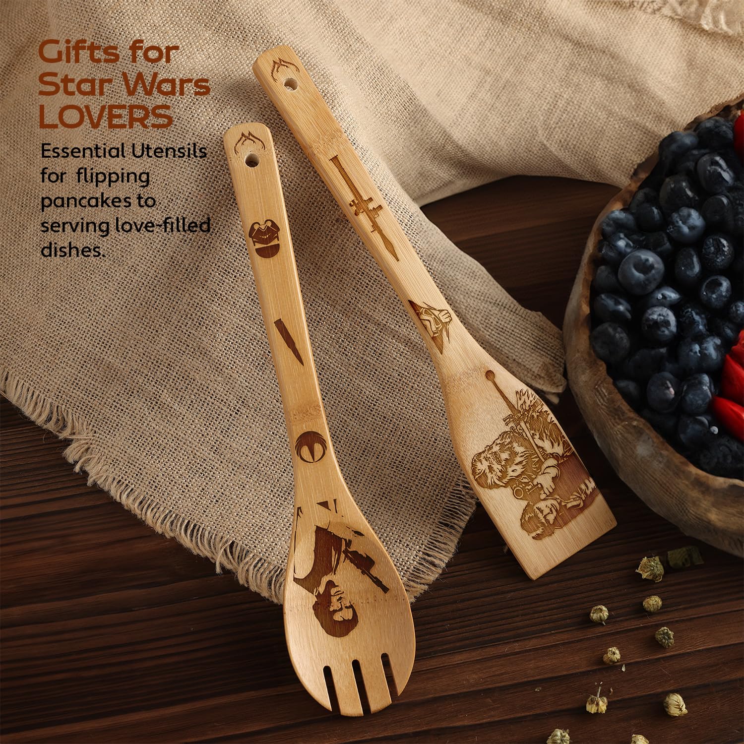 Star Wars Kitchen Gifts Set - Wooden Spoons & Bamboo Utensils with Spatula for Cooking | Perfect Star Wars Themed Cooking Accessories for Fans & Home Chefs | Ideal for Baking, Meal Prep & Star Wars Themed Kitchens