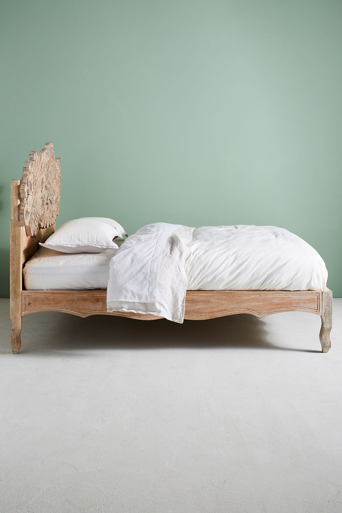 Hand Carved Solid Wood Lotus Platform Bed with Headboard - Handmade Indian Wooden Bed Frame for Master Bedroom & Guest Room Decor