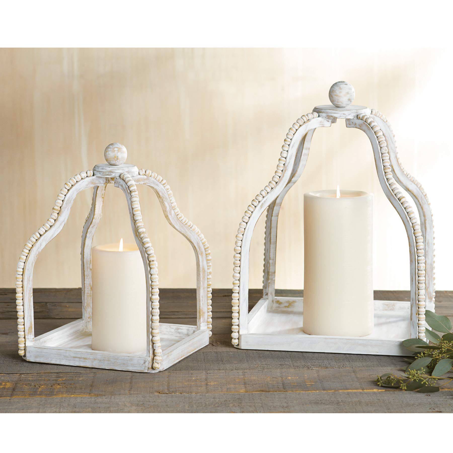 Distressed White Wash Wood Beaded Lantern Set by Mud Pie - Rustic Farmhouse Decor for Patio, Garden, Wedding & Home Decoration