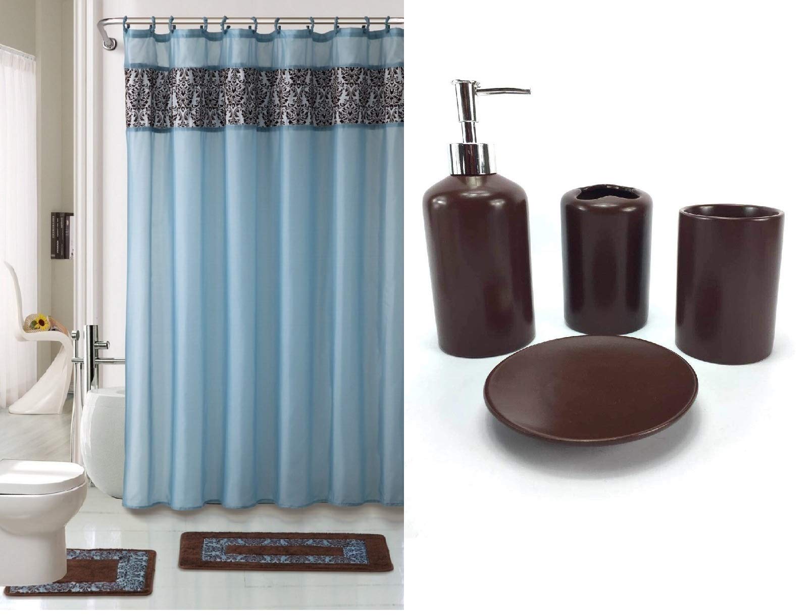 19-Piece Flocking Print Bath Set - Rug, Shower Curtain & Ceramic Accessories for Modern Bathrooms
