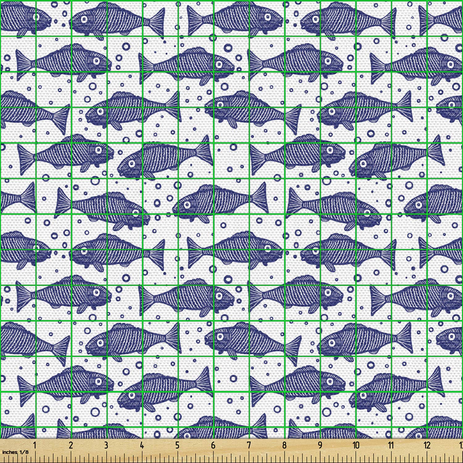 Ambesonne Nautical Fabric by The Yard - Monochrome Hand-Drawn Hatched Fish Pattern with Minimal Bubbles | 10 Yards Violet Blue & White Decorative Fabric for Upholstery, Home Decor, DIY Projects | Perfect for Curtains, Pillows, Table Runners & Crafting