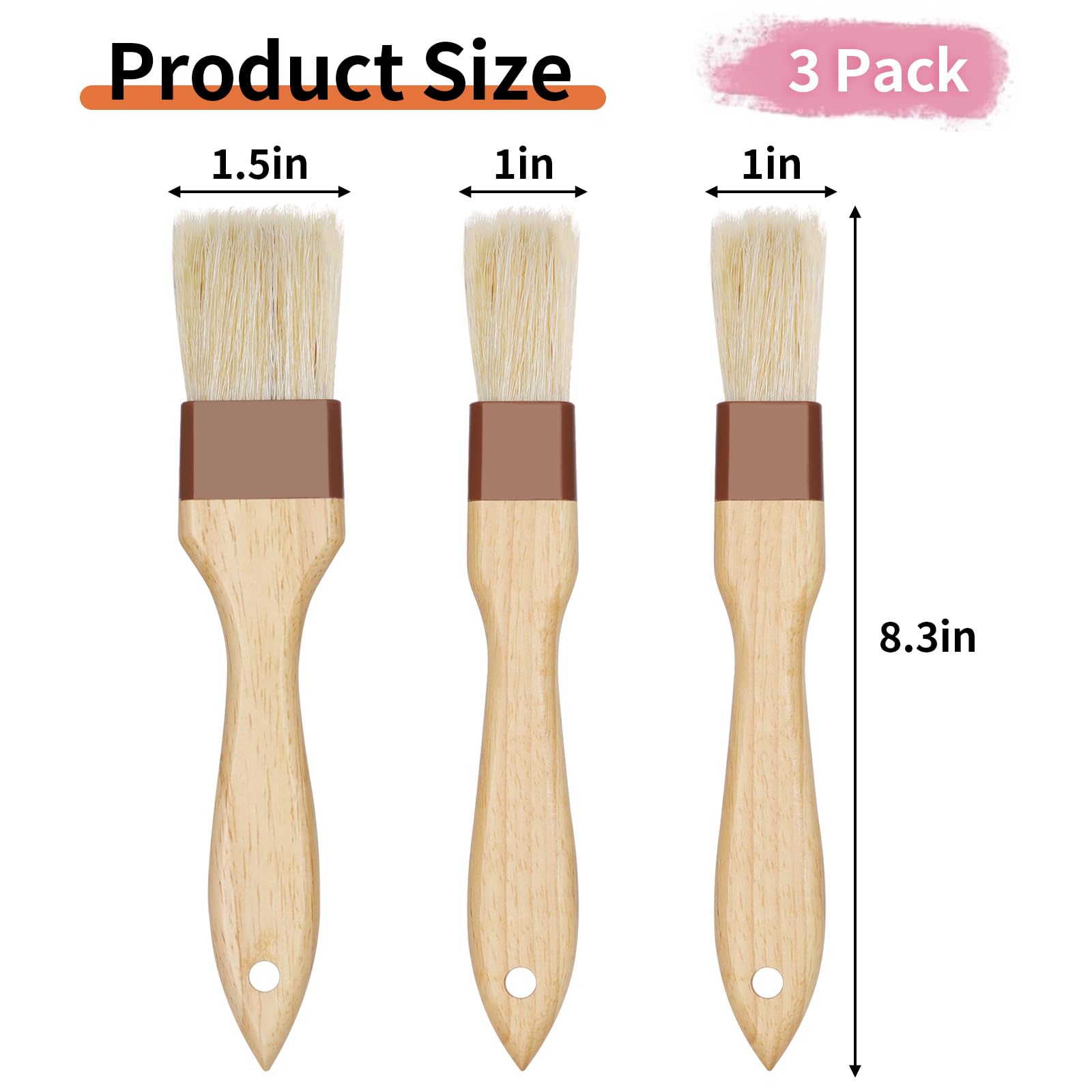 3-Piece Natural Bristle Pastry Brush Set - Premium Basting, Cooking & BBQ Brushes for Baking, Grilling, Marinade & Sauce Application - Perfect for Kitchen, Baking, Roasting & Outdoor BBQ