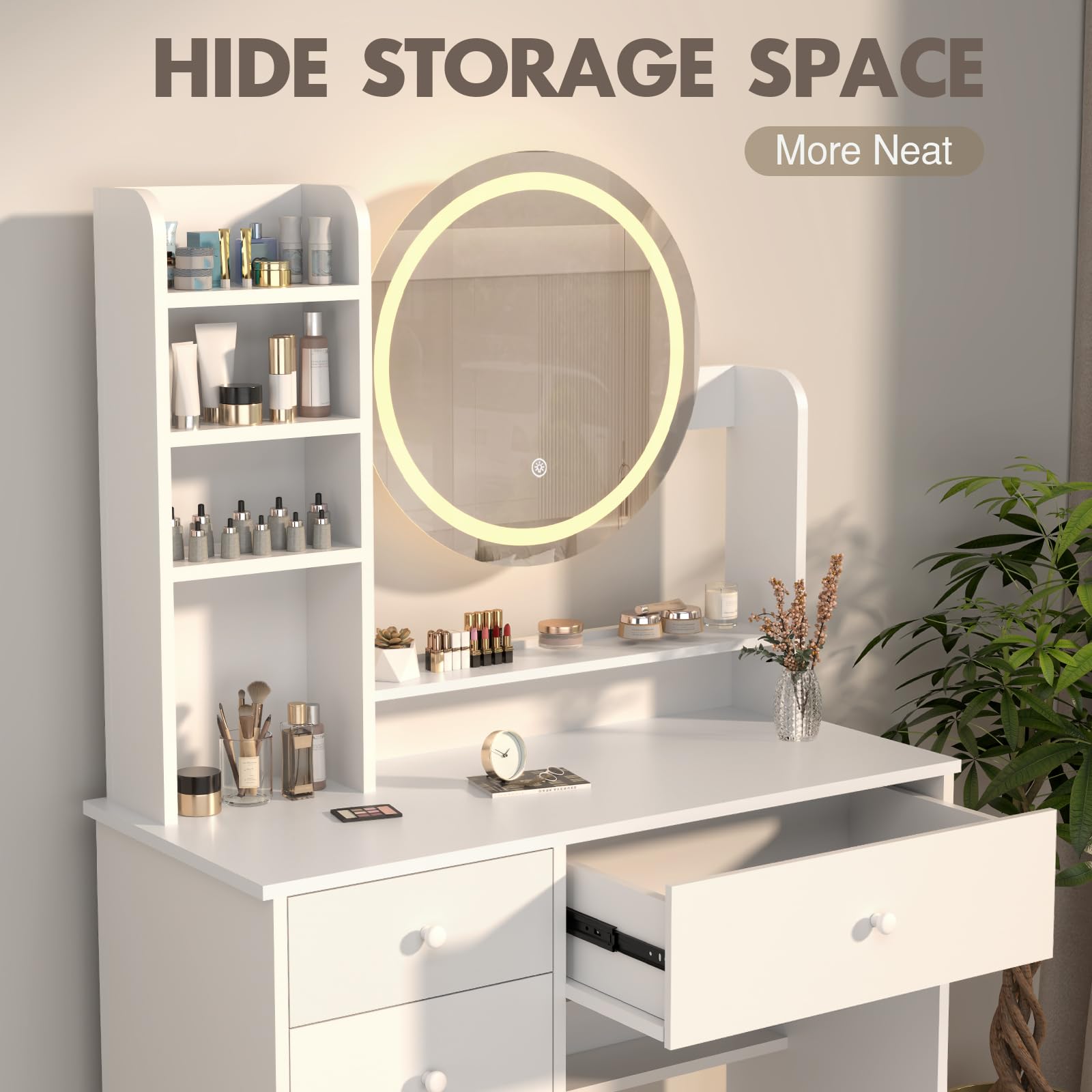 AIMEZO Small Makeup Vanity Desk with Mirror & LED Lights - Adjustable 3 Light Modes & Brightness - Vanity Table Set with Storage Drawer, Chair & 4 Shelves - Perfect for Bedroom, Dressing Room & Home Beauty Station - White