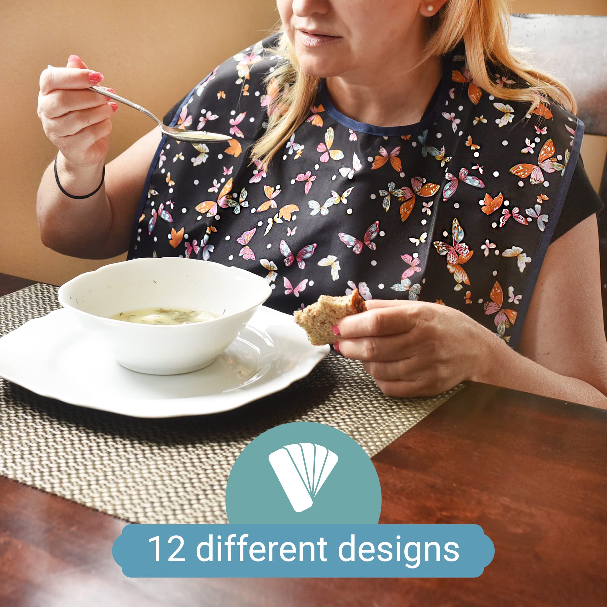12 Pack Waterproof Adult Bibs with Crumb Catcher - Reusable Clothing Protectors for Elderly, Seniors & Disabled - Ideal for Dining, Nursing Homes & Mealtime Assistance