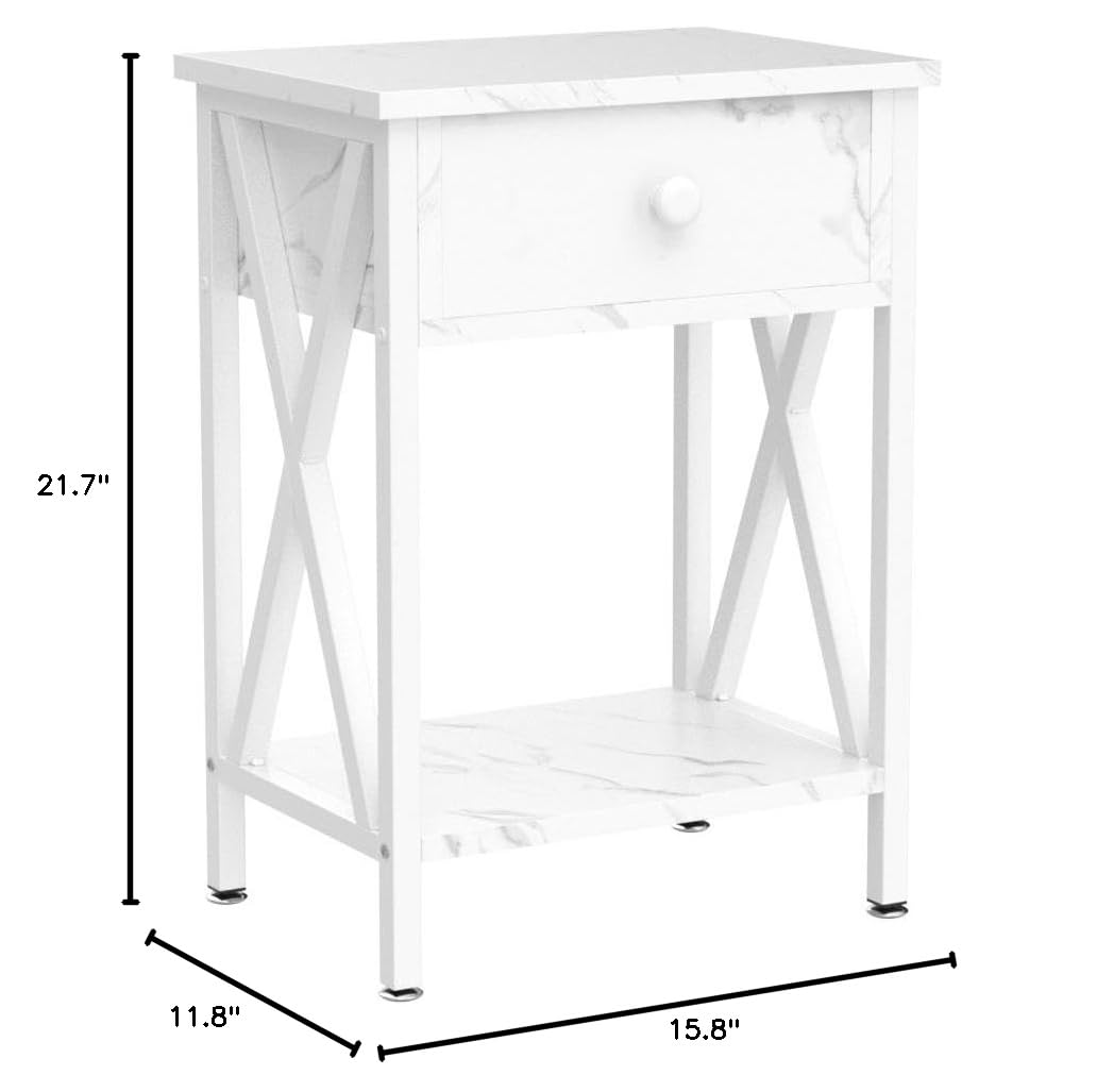 Modern Nightstand Set of 2 with Storage Drawer - Industrial Metal Frame Side Table for Bedroom & Living Room - White End Tables for Small Spaces, Apartment Decor & Guest Room Essentials