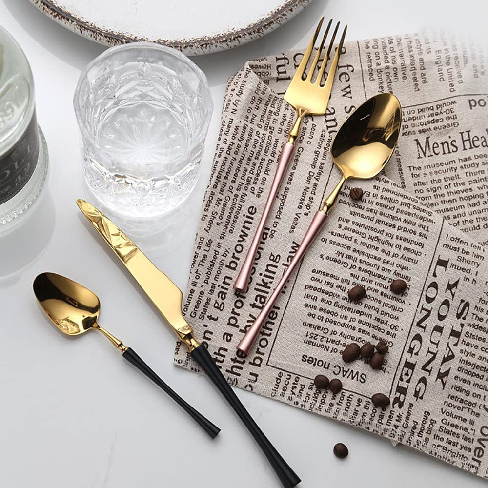 32-Piece Stainless Steel Flatware Set with Steak Knives for 8, Black Silverware Set Includes Spoons Forks Knives - Food Grade 18/10 Kitchen Cutlery Set for Home, Office, Restaurant & Hotel - Elegant Small Waist Handle Design - Perfect for Dinner Parties, Wedding Gifts & Daily Dining
