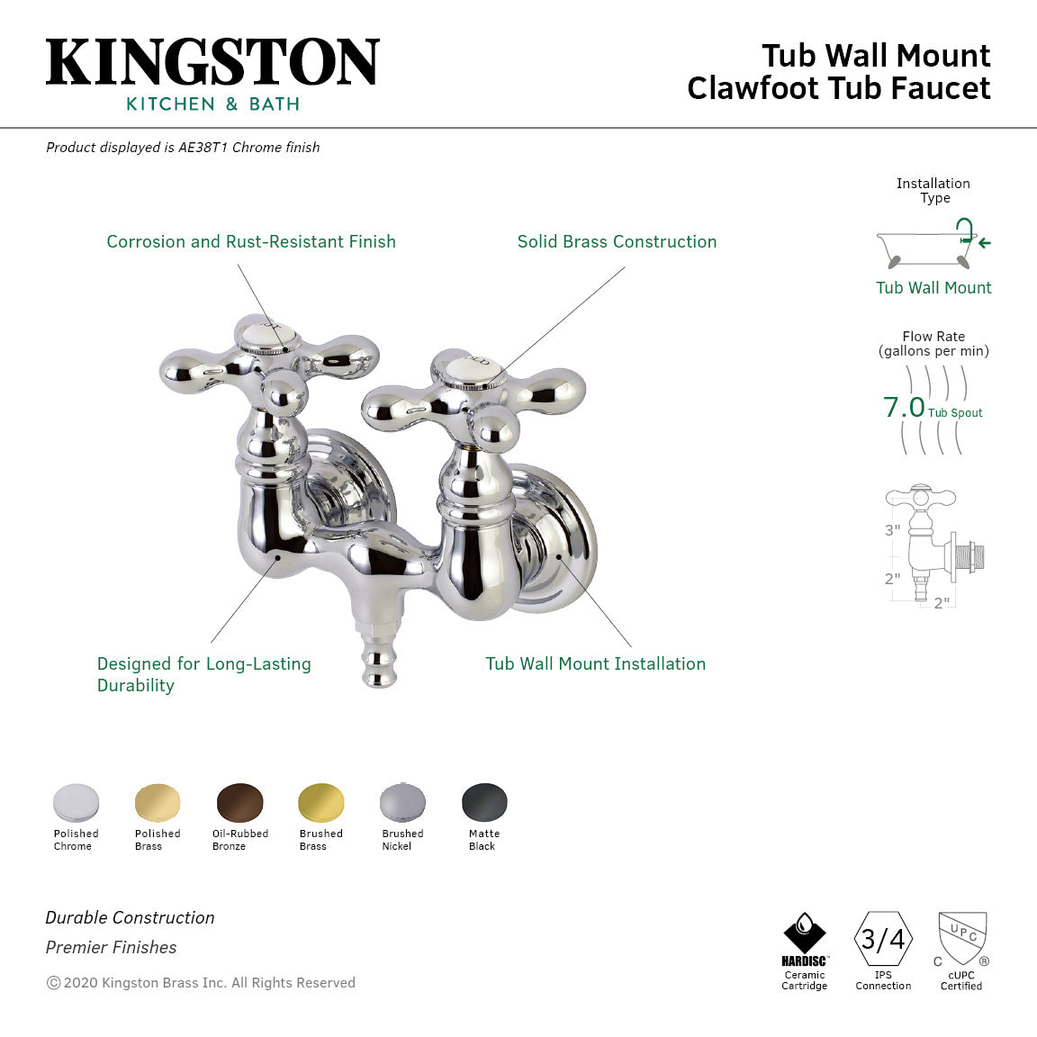 Vintage AE37T8 Two-Handle Wall Mount Clawfoot Tub Faucet in Brushed Nickel - Perfect for Bathroom Renovation & Antique Style Decor
