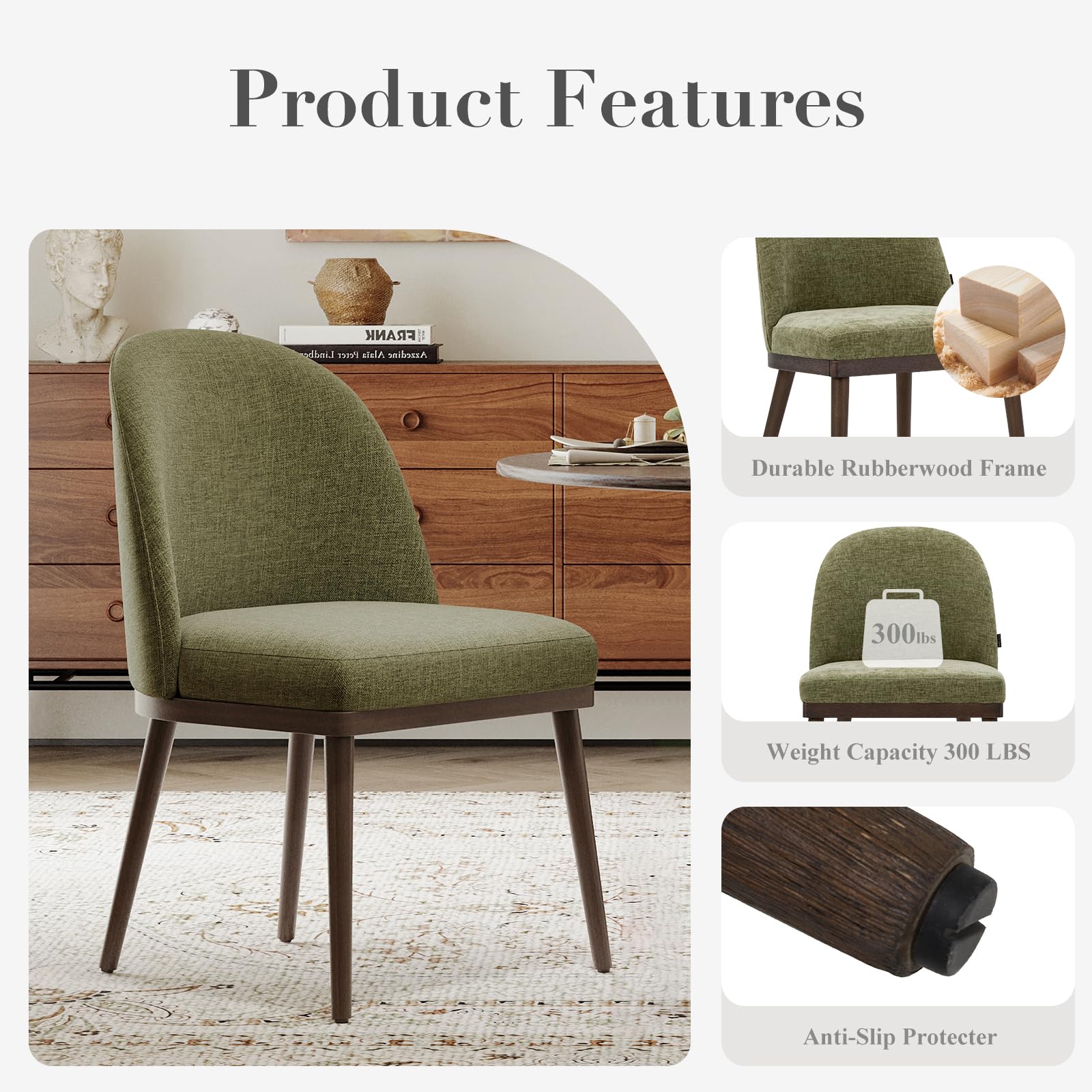 COLAMY Set of 4 Upholstered Dining Chairs - Modern Wooden Kitchen Chairs with Curved Backrest & Fabric Seat, Green - Perfect for Dining Room, Kitchen, and Breakfast Nook