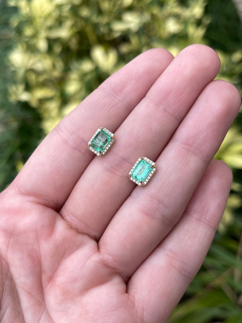 2.10tcw 14K Gold Classic 9x7mm Emerald Cut Natural Diamond Halo Stud Earrings - Perfect for Weddings, Anniversaries & Special Occasions