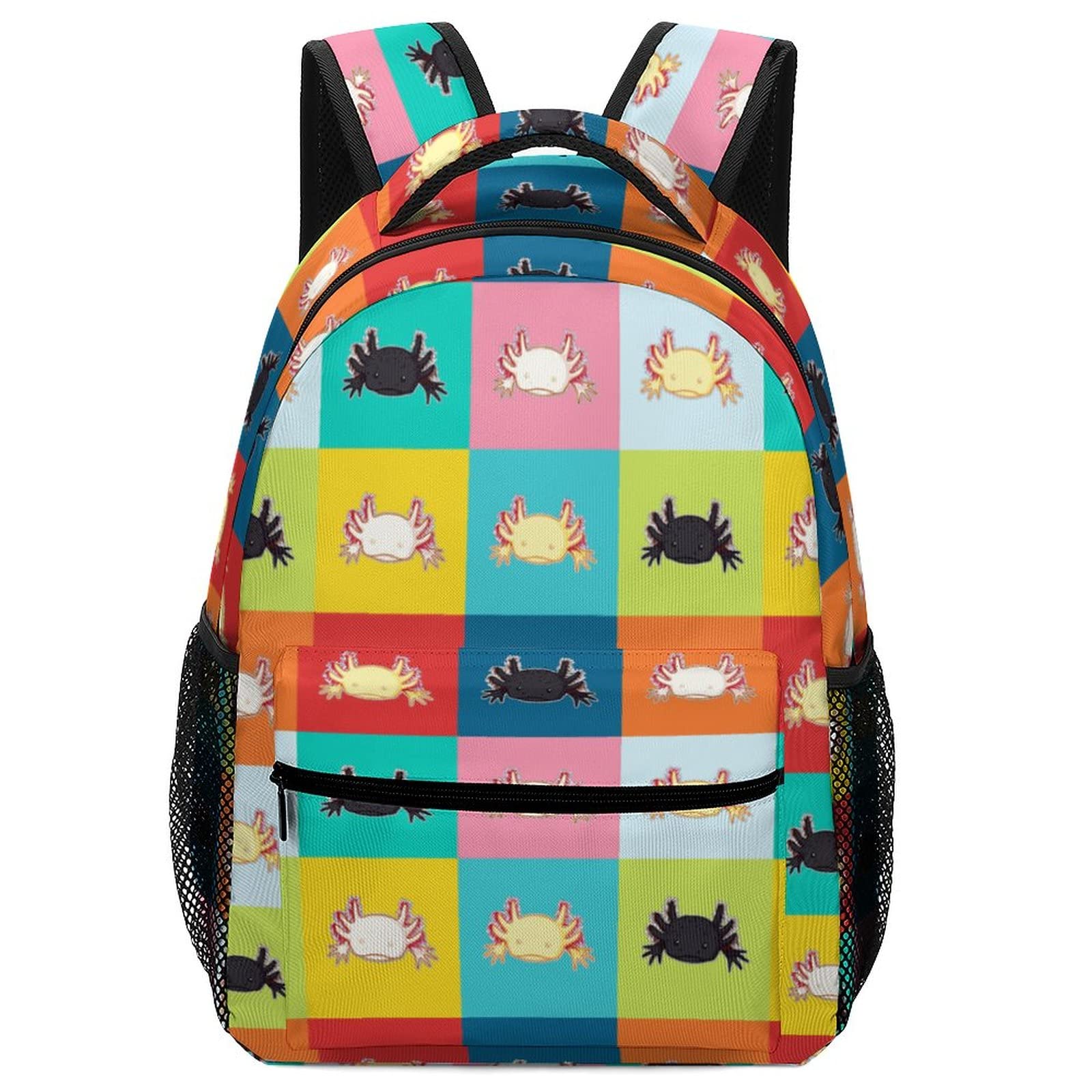 Lightweight Anti-Theft School Backpack for Men & Women - Colorful Checkered Axolotl Design Bookbag with Mesh Pockets, Durable Polyester Fabric - Perfect for High School, College, Travel & Daily Commute