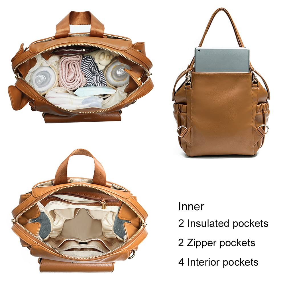 Premium Leather Diaper Backpack with Insulated Bottle Pockets, Hand Sanitizer Holder & Mini Diaper Bag - Stylish Baby Essentials Organizer for Moms, Travel & On-The-Go Parenting