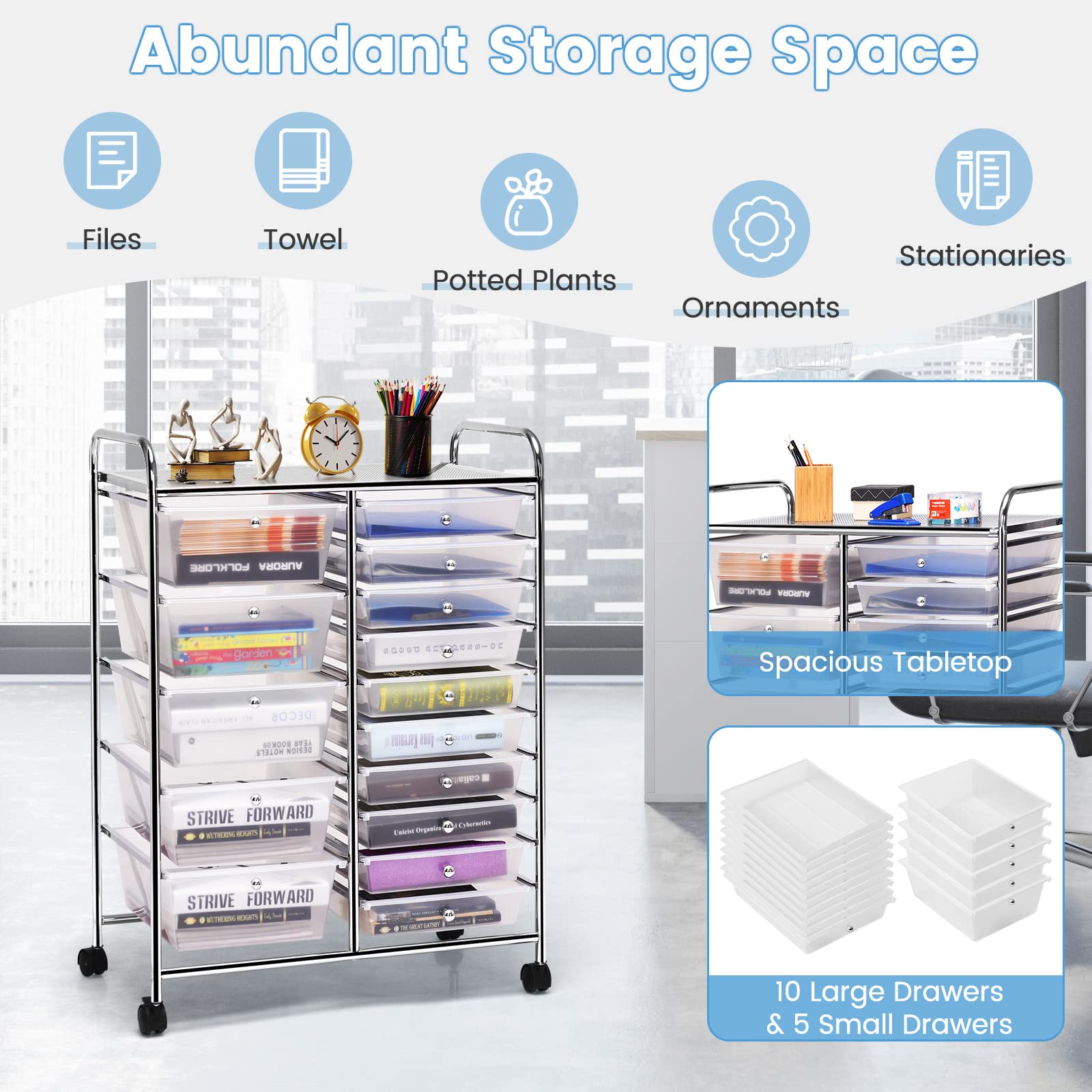 15-Drawer Storage Cart Organizer - Rolling Trolley for Office & School (Clear) - Perfect for Files & Supplies