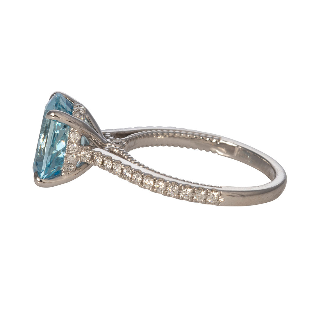 3.68ct Round Aquamarine & Diamond Pavé Platinum Ring - Elegant Engagement, Wedding, Anniversary Jewelry Gift for Her