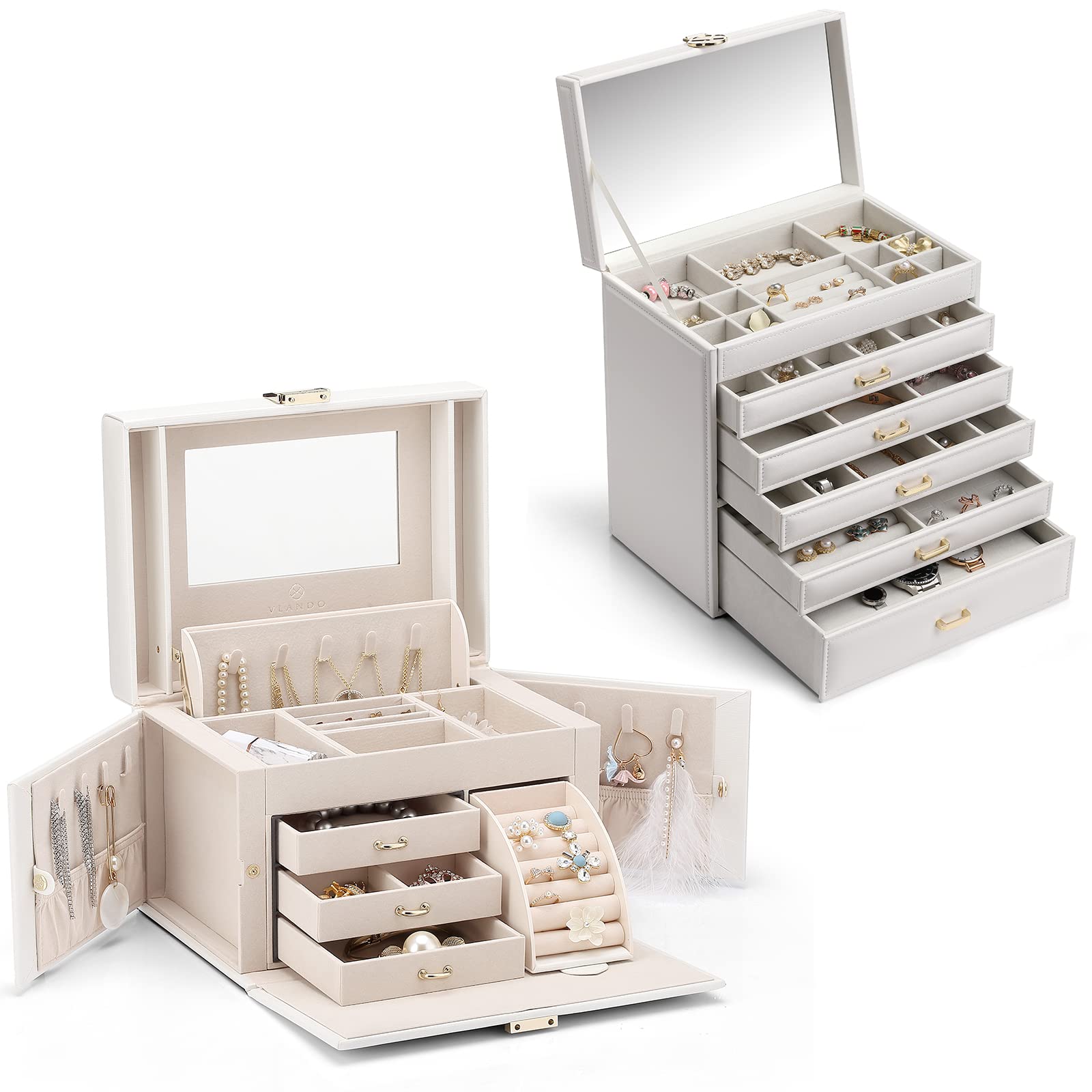 Vlando 6-Layer Large Jewelry Organizer Box for Women - White Jewelry Storage Case with Removable Dividers for Necklaces, Rings, Earrings, Bracelets & Watches | Perfect for Bedroom Vanity, Travel & Gift Giving
