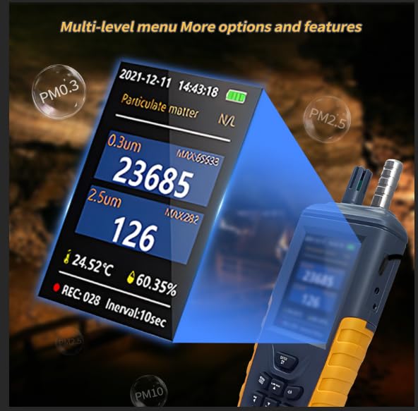 **Air Quality Monitor - PM0.3/2.5/10μm Particle Counter with Temperature & Humidity Sensor | High Sensitivity 3-Channel (0-1000μg/m³) | USB Rechargeable | Ideal for Home, Office & Travel**