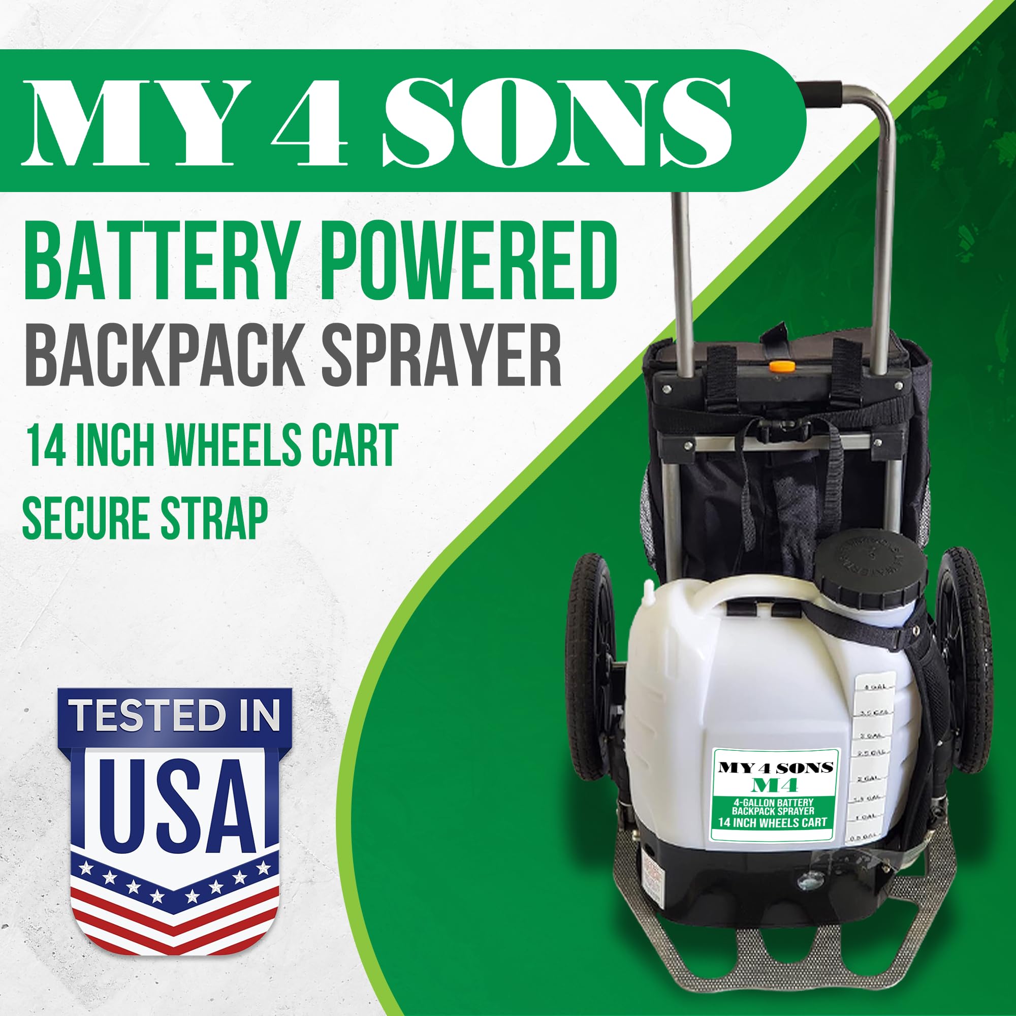 MY4SONS M4 4-Gallon Battery Backpack Sprayer - Cordless Garden Sprayer with 14-Inch Wheels, Spray Pistol, Adjustable Wand, 15ft Hose & Secure Strap - Rechargeable Power Supply - Perfect for Lawn Care, Weed Control & Outdoor Cleaning