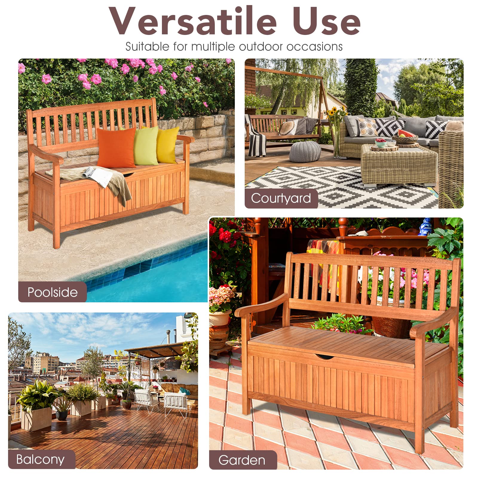 **HAPPYGRILL 33 Gal Outdoor Storage Bench - Wooden Deck Box with Removable Dustproof Liner, Multi-Functional Seating Furniture for Courtyard, Garden, Poolside & Patio**    *(Perfect for Storing Cushions, Toys, and Outdoor Essentials While Providing Extra Seating Space!)*