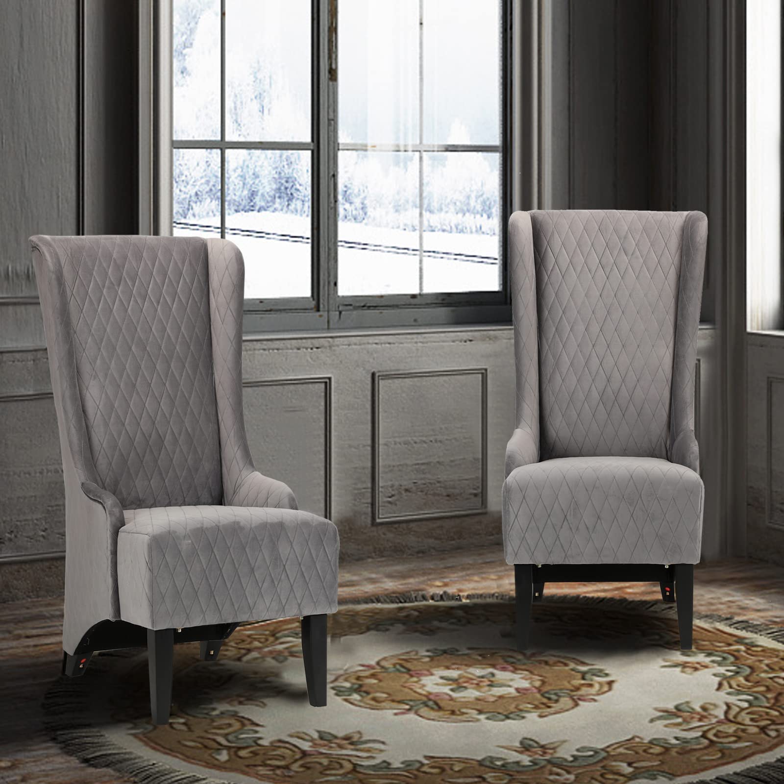 Luxury Velvet Wingback Accent Chair with Tufted Design & Solid Wood Legs - Modern Living Room Armchair for Home Office, Bedroom or Reading Nook - Grey Upholstered High Back Comfort Chair (Fabric Sofa Chair)