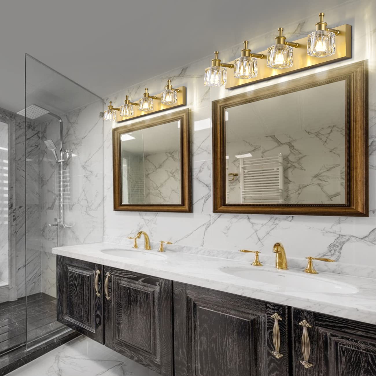 Modern Crystal Bathroom Vanity Light - Gold 4-Light Fixture for Mirror - Perfect for Bathroom & Dressing Room Lighting