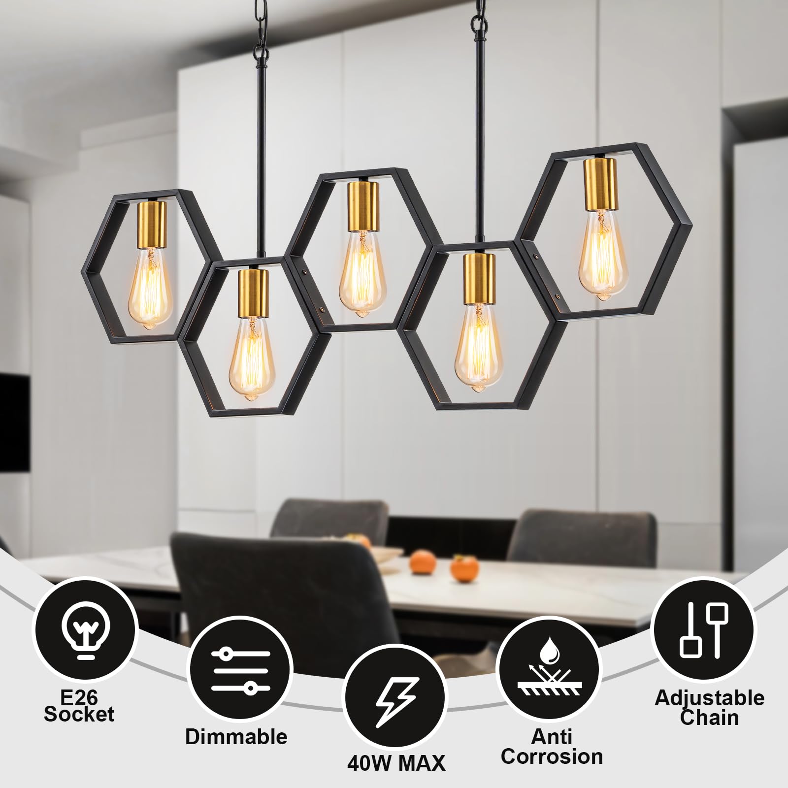 Farmhouse 5-Light Kitchen Island Chandelier - Adjustable Height Industrial Rectangular Pendant Light for Dining Room & Pool Table (Black/Gold) - Perfect for Farmhouse Decor, Kitchen Islands, and Game Room Lighting