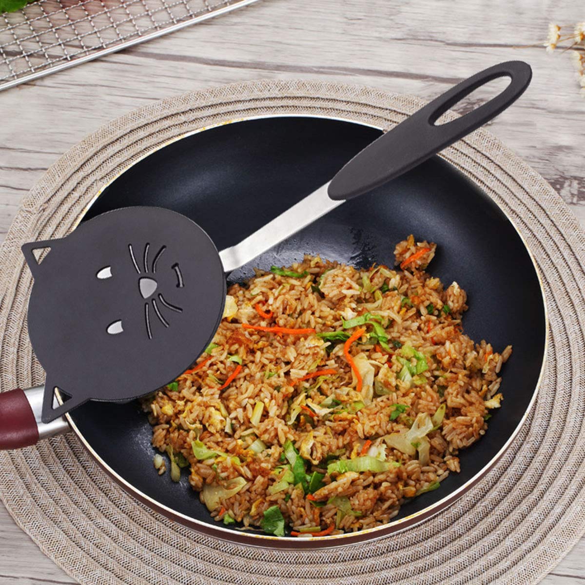 Heat-Resistant Nylon Turner Spatula with Cute Cat Shape - Safe for Non-Stick Cookware, Stainless Steel Bracket - Perfect for Cooking Eggs, Pancakes, Fried Rice & Fish - Ideal for Home Kitchen, Breakfast Making & Asian Cuisine