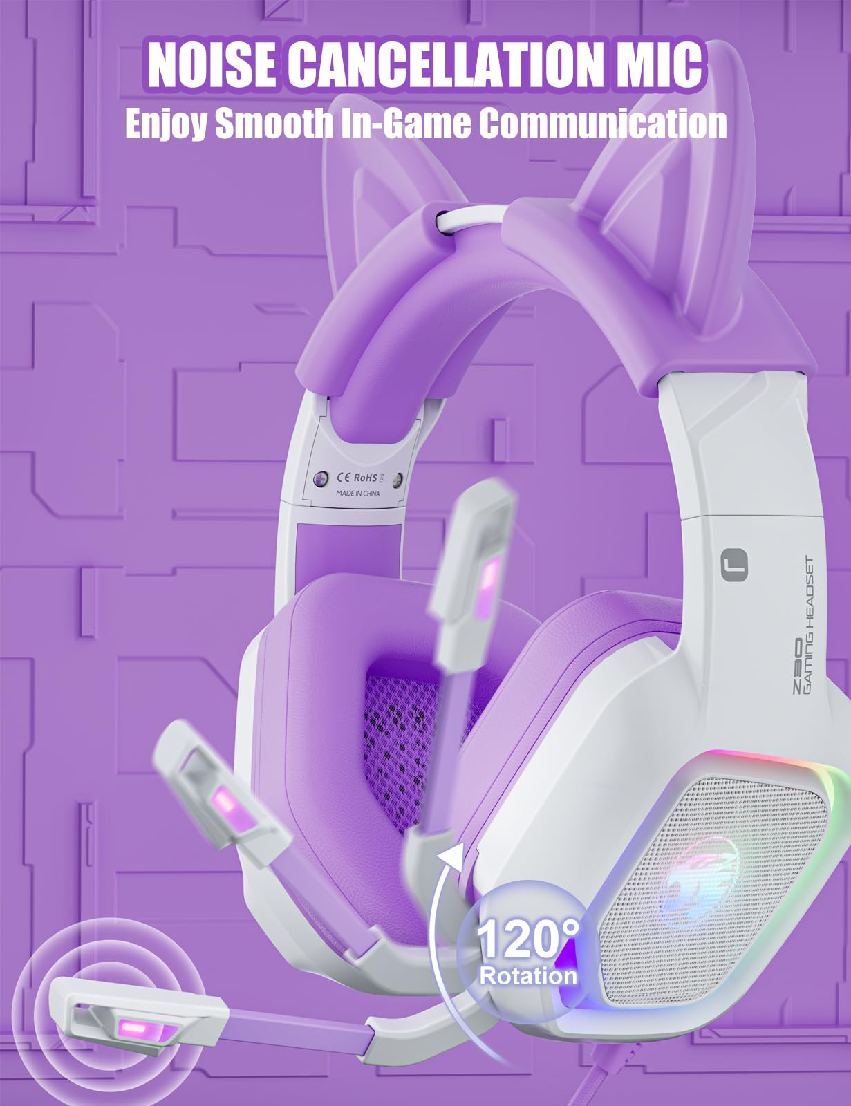 ZIUMIER Purple Gaming Headset with Microphone - Noise Canceling Over-Ear Headphones with Detachable Cat Ears, RGB Lights & Stereo Surround Sound for PS4, PS5, Xbox One, PC & Laptop - Perfect for Gaming, Streaming & Online Classes
