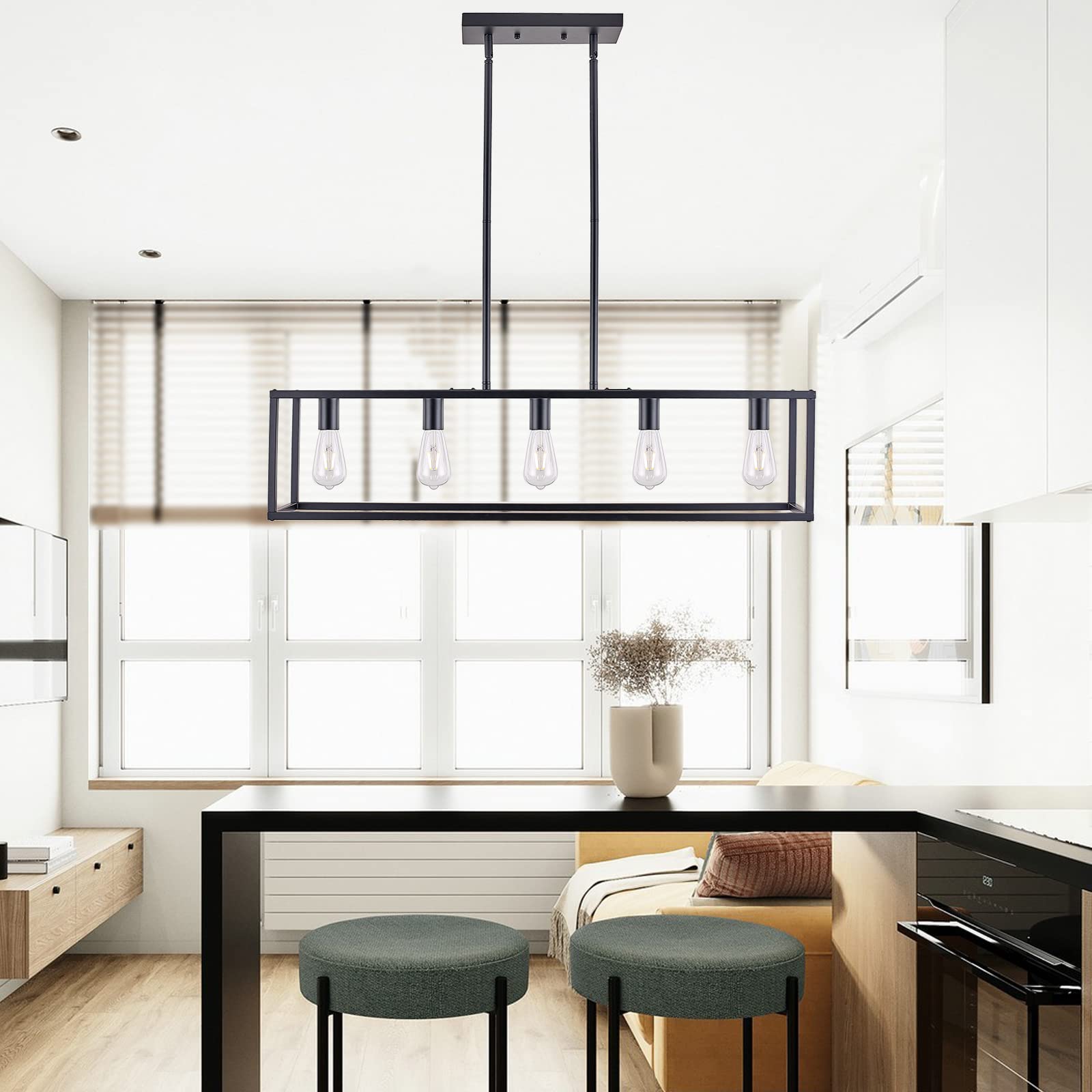 Farmhouse Rectangle Chandelier - Matte Black 5-Light Industrial Pendant Lighting for Dining Room & Kitchen | Rustic Ceiling Light Fixture Perfect for Farmhouse, Industrial & Modern Decor