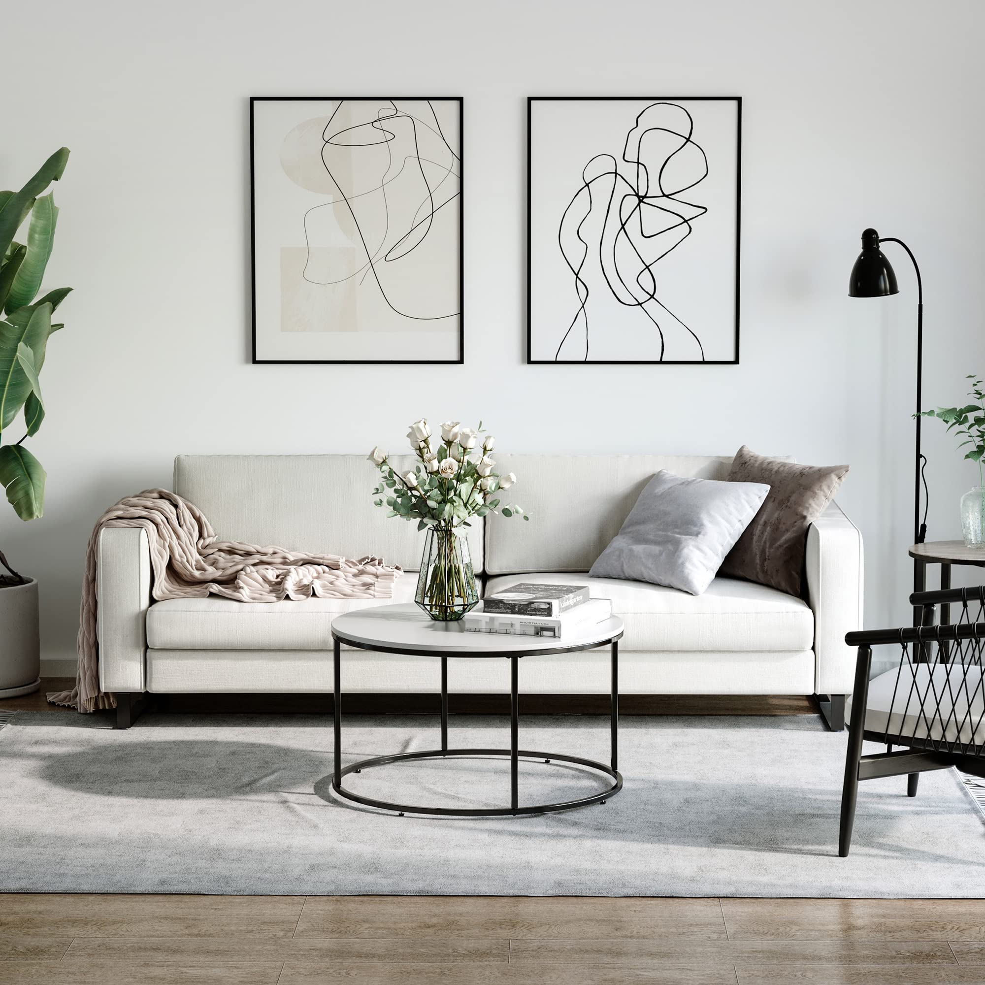 Modern Round Coffee Table 32 Inch - Black Metal Frame & White Top - Living Room Center Table for Home Decor, Coffee & Conversations