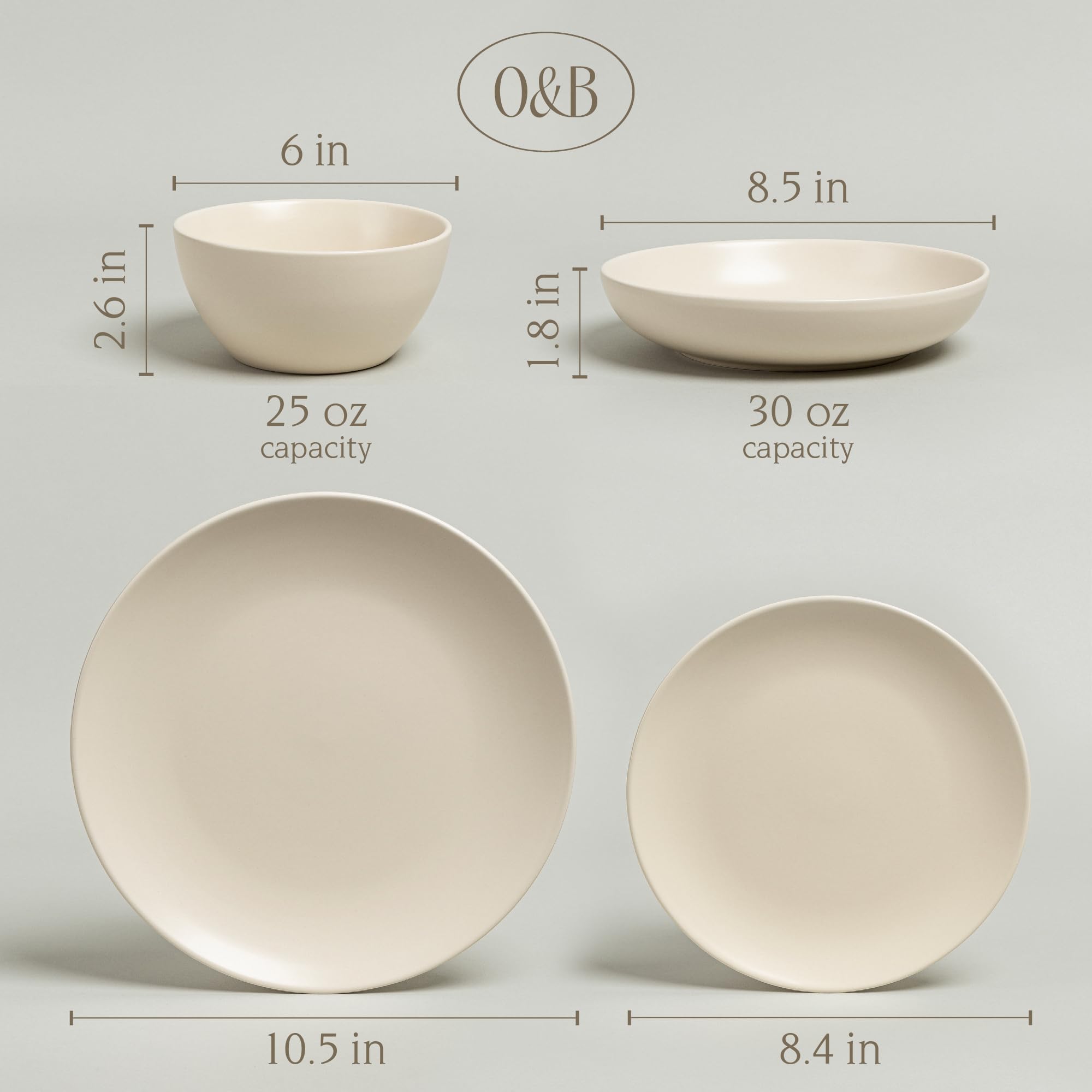Over&Back Coupe 16-Piece Stoneware Dinnerware Set - 4 Dinner Plates, 4 Salad Plates, 4 Cereal Bowls & 4 Dinner Bowls - Semi-Matte Ivory Tableware for Everyday Dining, Family Gatherings & Special Occasions