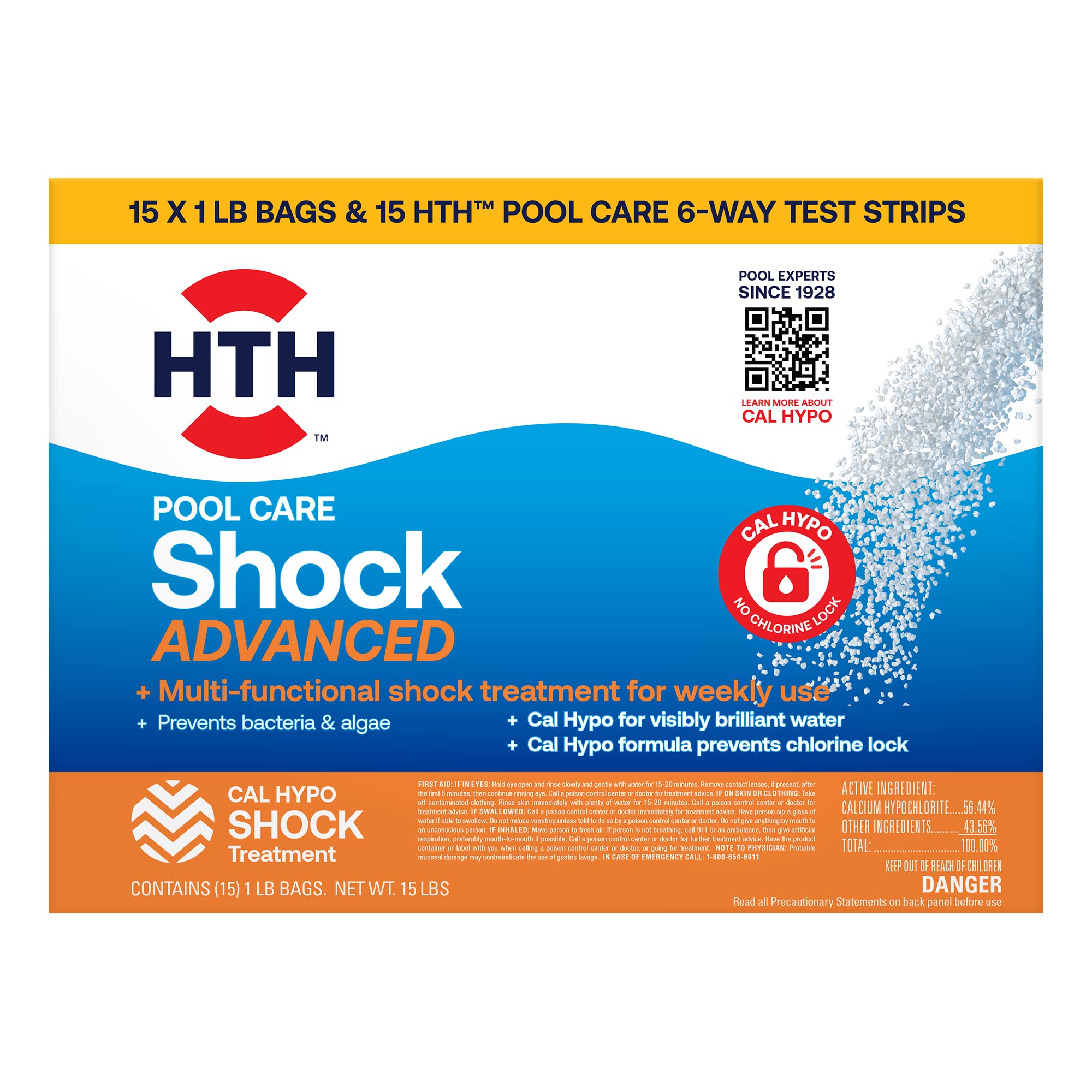 HTH 52125 Swimming Pool Shock Advanced - 15 Pack of 1lb Bags for Crystal Clear Water | Fast-Acting Chlorine Pool Sanitizer for Inground & Above Ground Pools | Keeps Water Clean & Safe for Swimming