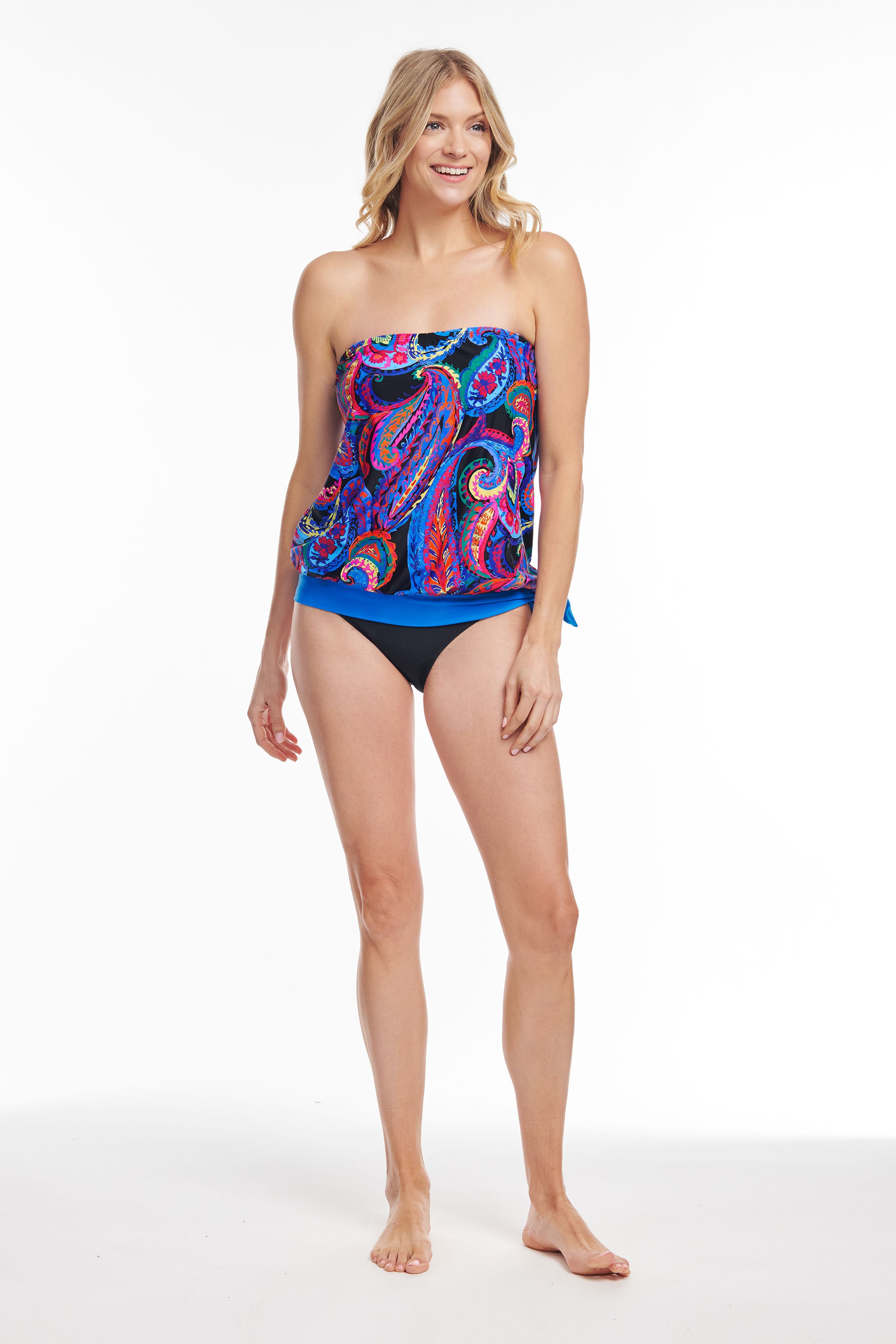 French Paisley Black Draped Blouson Tankini Top - Stylish Swimwear for Pool Parties & Beach Vacations
