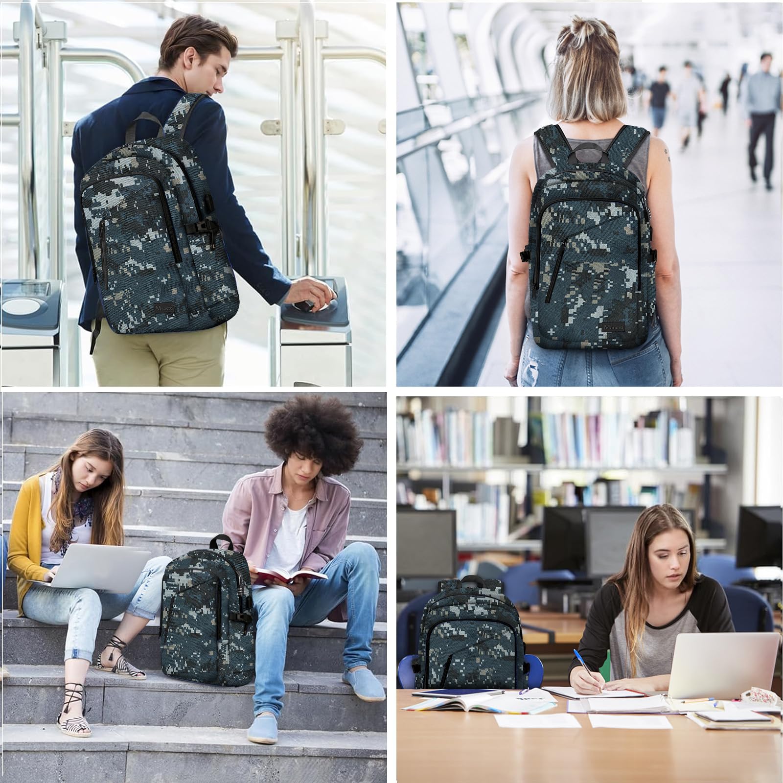 Mancro Camouflage Travel Laptop Backpack - Lightweight Anti-Theft USB Charging Laptop Bag with Lock for Men & Women - Fits 15.6 Inch Laptop & Computer - Perfect for Work, School, Travel & Outdoor Adventures