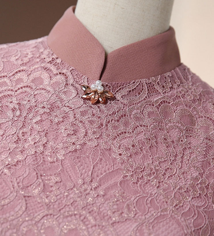 2 Piece Pink Lace Cheongsam Dress with Jacket for Women - Elegant Chinese Qipao Outfit for Mother's Day, Wedding, Party & Special Occasions