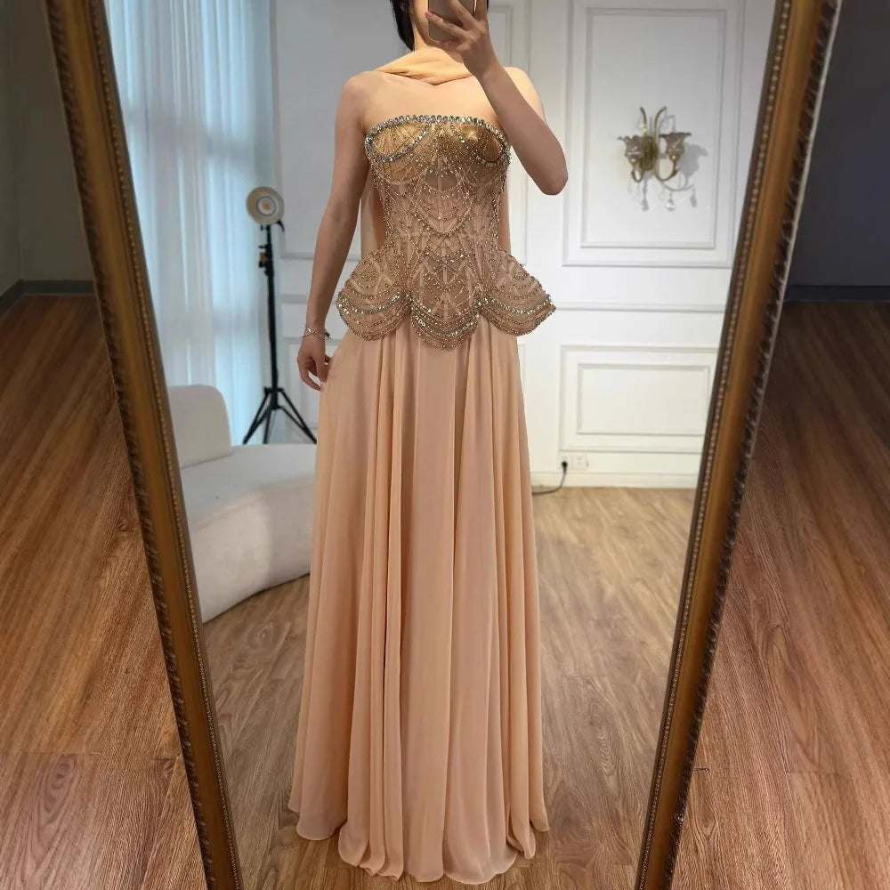 Luxury Designer Nude Beaded Chiffon Evening Gown for Wedding Party Prom Formal Events - Elegant Long Dress for Bridesmaids Special Occasions