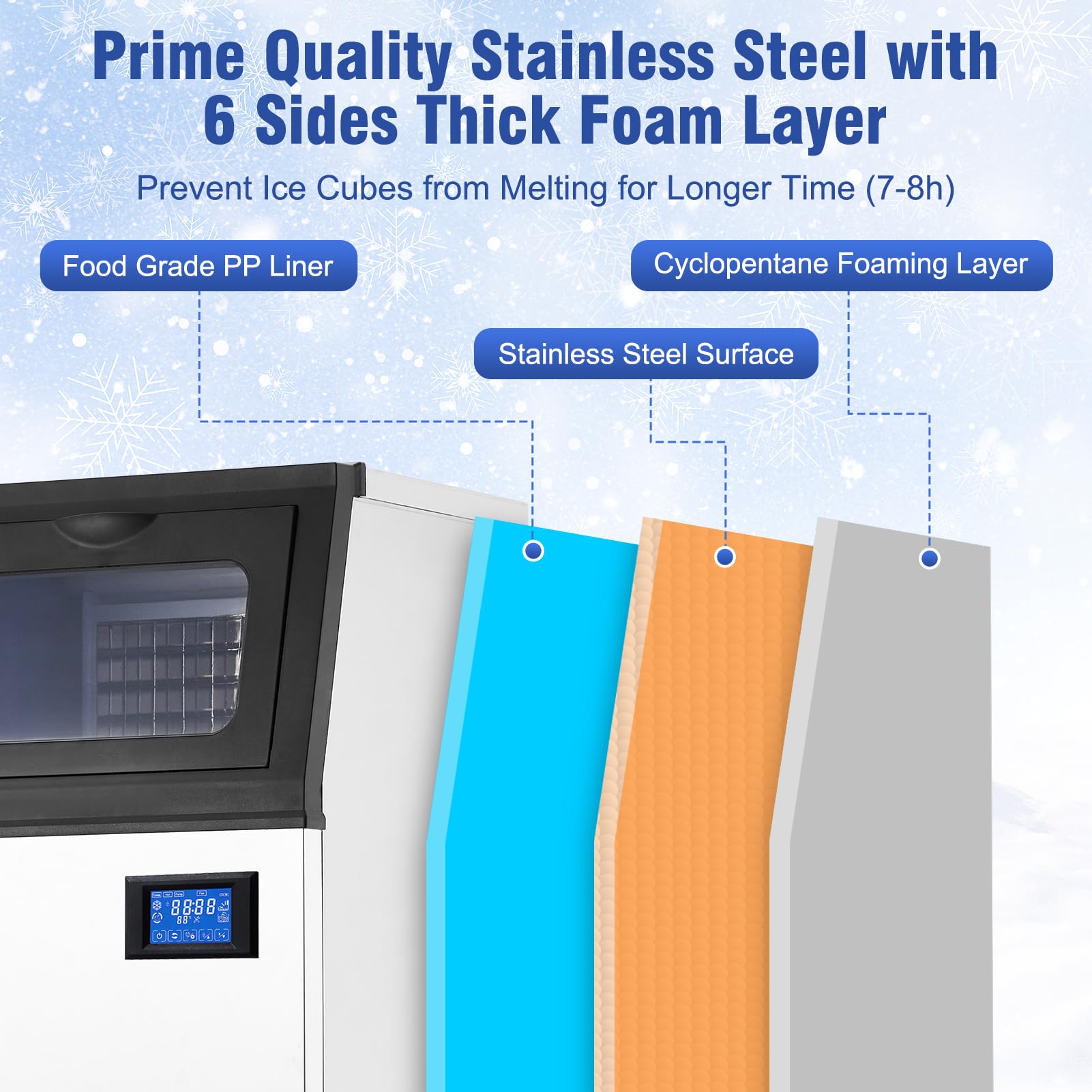 Commercial Ice Maker Machine - 90LBS/24H, 33LBS Storage Bin, Makes 4x10 Cubes in 15 Mins, 210W 120V Stainless Steel, Self-Cleaning - Perfect for Home Bars, Restaurants, and Outdoor Parties