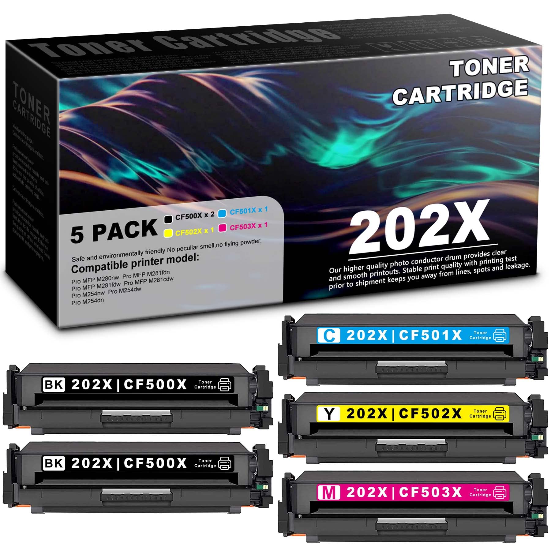 5-Pack (2 Black + 1 Cyan + 1 Yellow + 1 Magenta) Compatible Toner Cartridges for HP Color LaserJet Pro M254dw/M254dn/M254nw/M281cdw/M281fdw/M280nw/M281fdn Printers | CF500X CF501X CF502X CF503X Replacement | High-Yield Printing for Office & Home Use