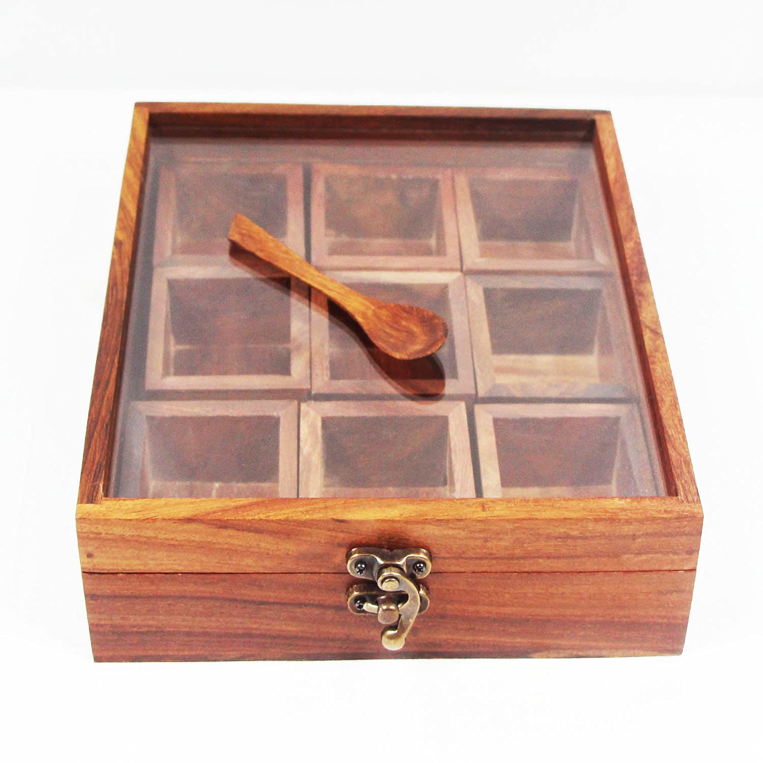 Antique Lock 9-Section Wooden Spice Box with Glass Jars - Premium Spice Storage Organizer for Kitchen, Pantry & Home Decor | Perfect for Herbs, Seasonings & Tea Collection