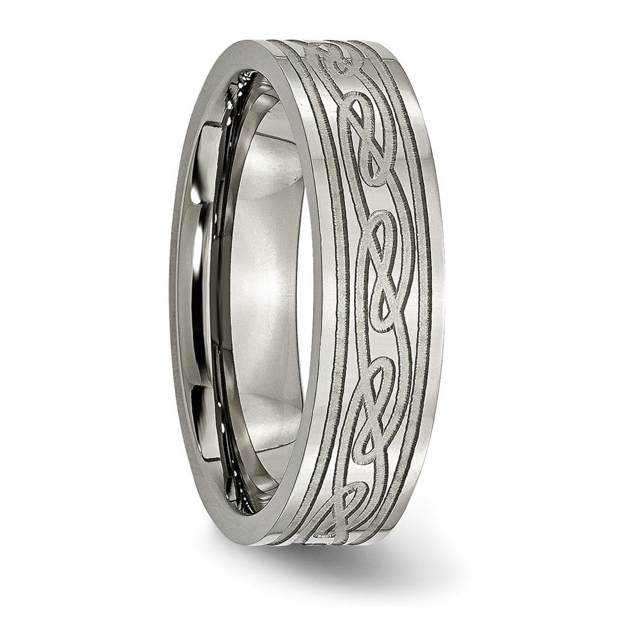 Titanium Celtic Knot Ring - 6mm Satin Polished Flat Band Ring for Women & Men | Laser Etched Wedding Band, Anniversary Gift, Unisex Jewelry for Everyday Wear