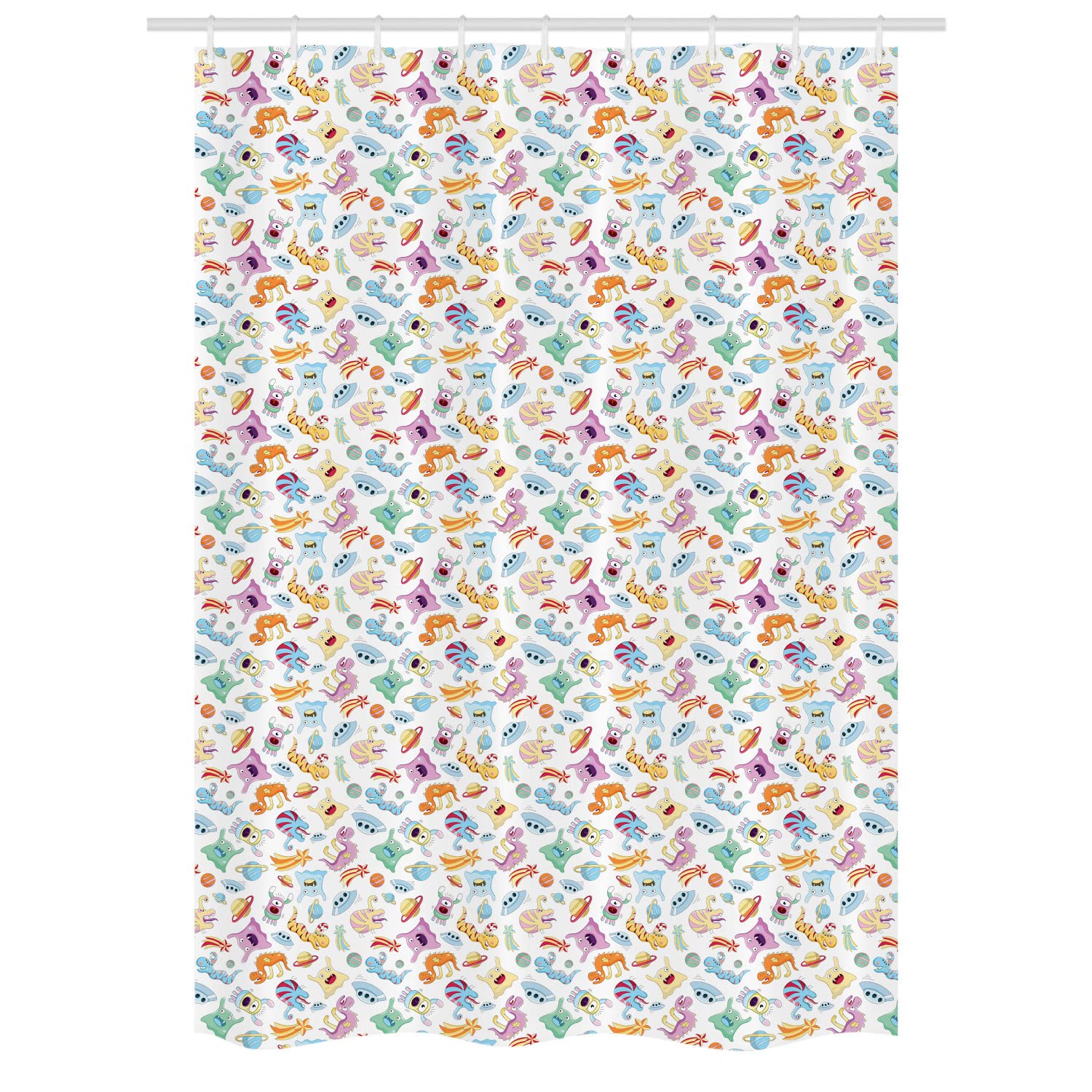 Ambesonne Alien Shower Curtain - Monsters, UFOs, Planets & Shooting Stars Astronomy Theme - 54