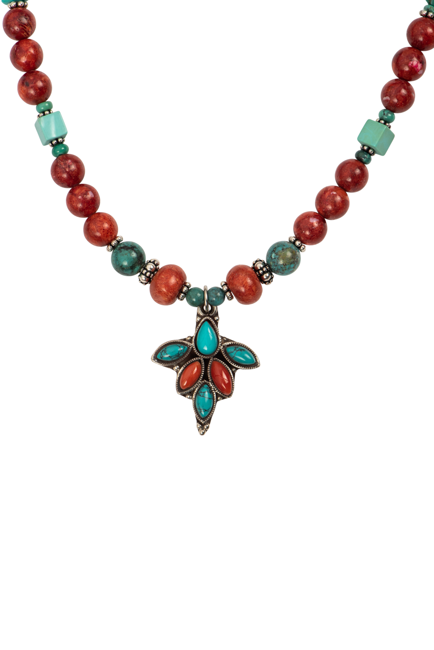 Paige Wallace Turquoise & Coral Pendant Necklace - Handmade Boho Jewelry for Women, Perfect for Beach Vacations & Summer Outfits