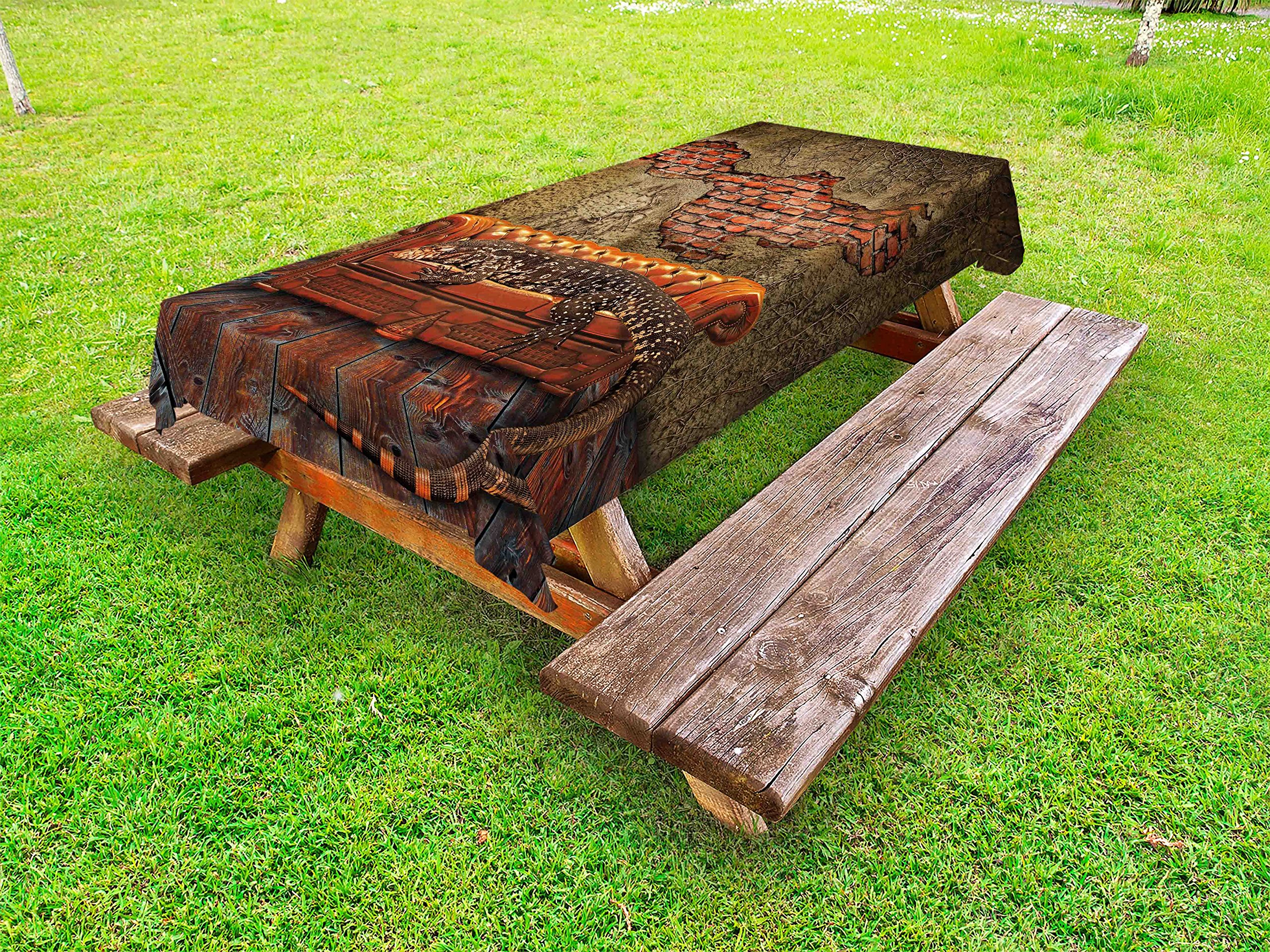 Ambesonne Fantasy Outdoor Tablecloth - Surreal Art Print with Grunge Brick Wall & Giant Lizard Design, Washable Picnic Table Cover 58x84 Inches in Vermilion Umber - Perfect for Garden Parties, BBQs, and Outdoor Dining Decorations
