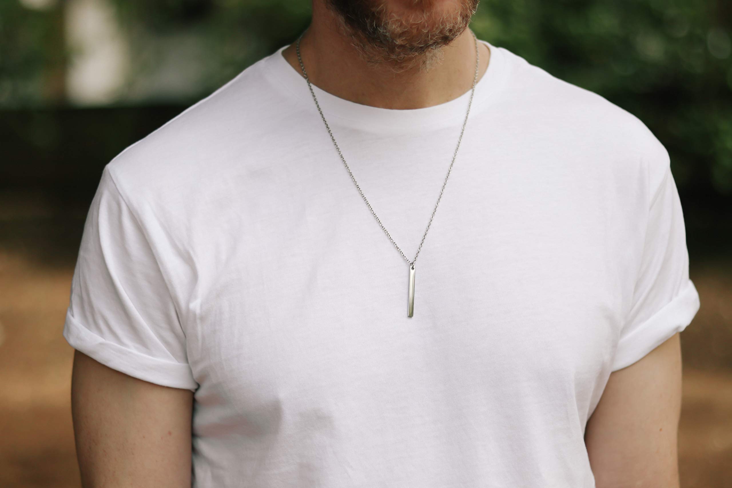 Men's Silver Rectangle Bar Necklace - Waterproof Chain Pendant for Groomsmen Gifts, Yoga & Everyday Wear | Stylish Jewelry Gift for Him