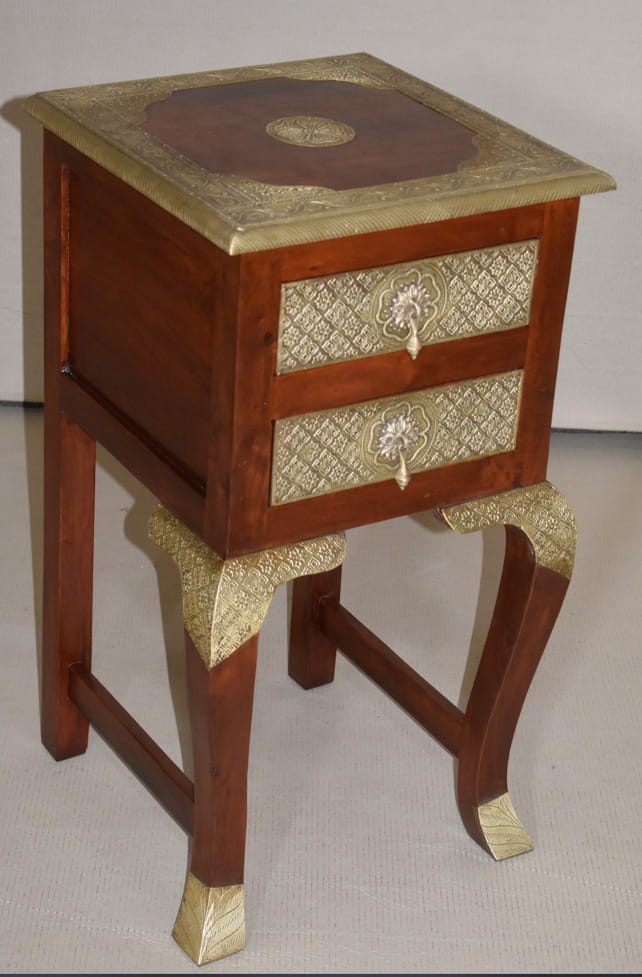 Handcrafted Embossed Brass Wooden Stool with 2 Drawers - Traditional Indian Furniture for Living Room, Bedroom & Boho Decor
