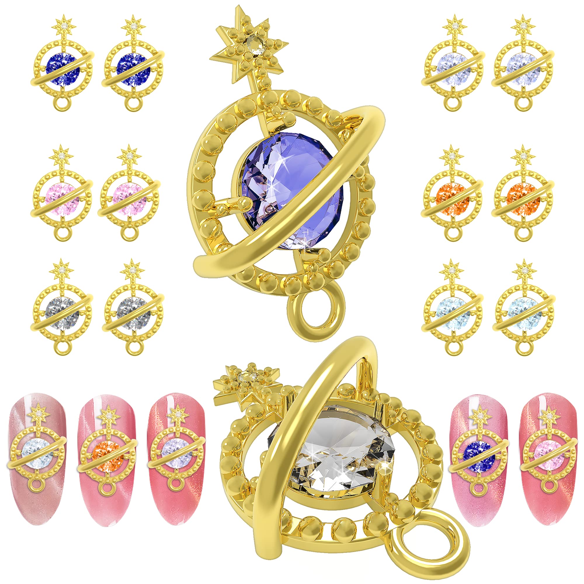 BABORUI 12Pcs 3D Planet Nail Charms - Gold Saturn Rhinestones for Nail Art Designs (6 Colors) | DIY Nail Decorations for Parties, Weddings & Special Occasions