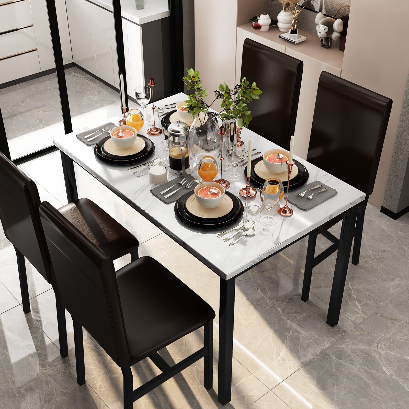 Lamerge 5-Piece Modern Dining Table Set for 4 - Faux Marble Table & 4 PU Leather Chairs - Space-Saving Kitchen Table Set for Small Spaces - Perfect for Dining Room, Breakfast Nook & Living Room (White)