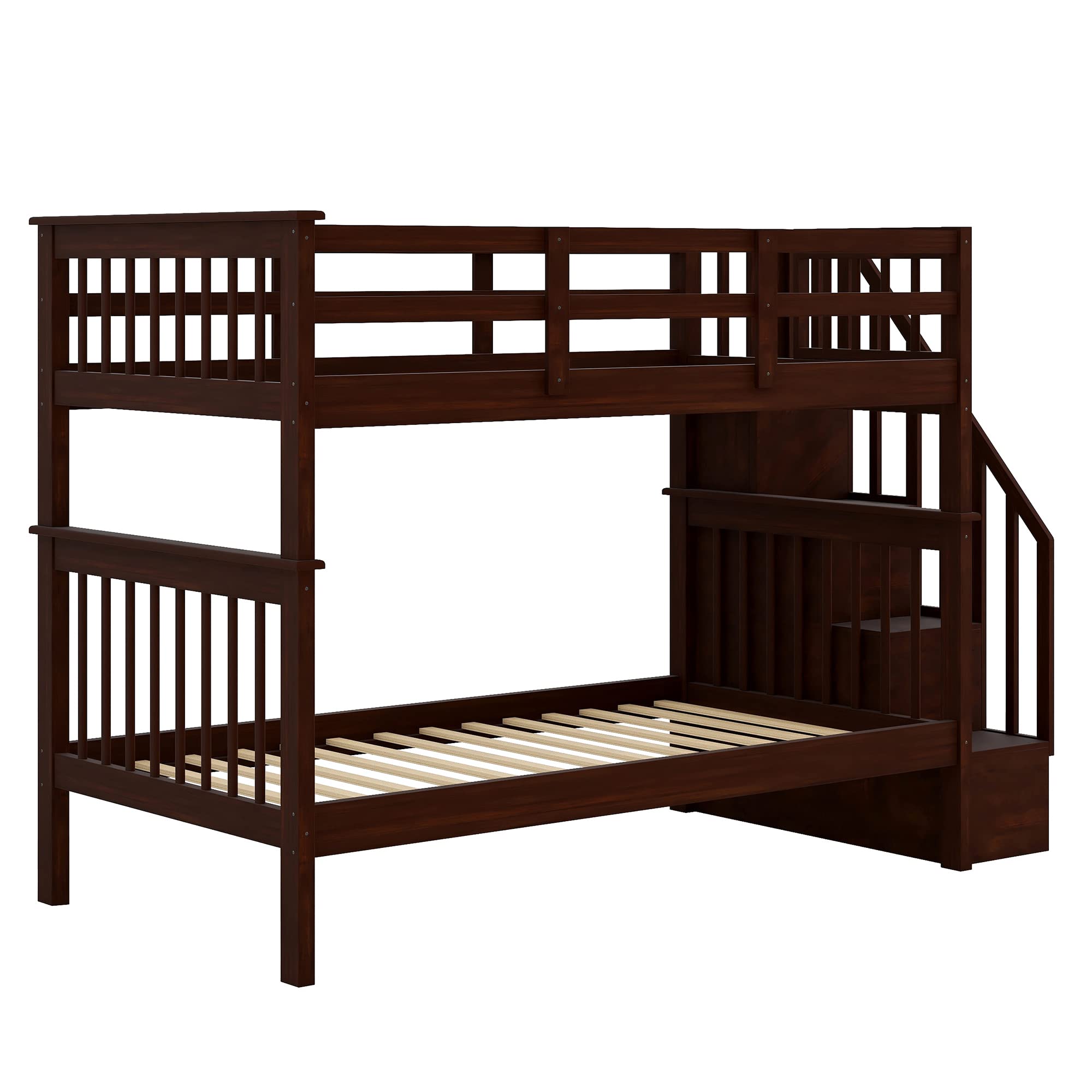 Harper & Bright Designs Twin Over Twin Bunk Bed with Stairs - Solid Wood Bunk Bed Frame with Storage & Guard Rail for Kids, Teens, Adults - Perfect for Bedroom, Dorm, Guest Room & Small Spaces (Espresso)