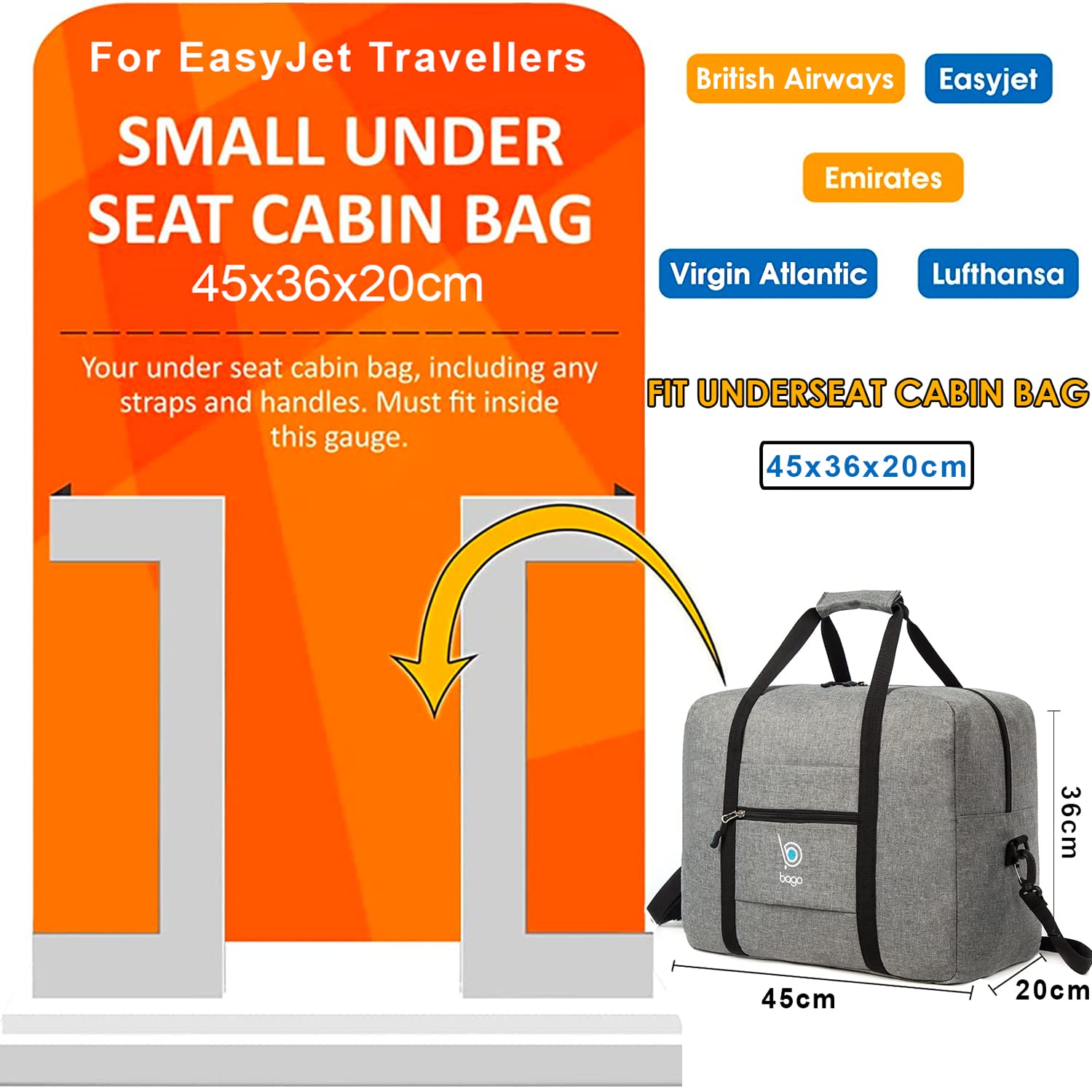 Foldable Duffle Bag 18x14x8 Inches - FAA Approved Personal Item Travel Bag for Spirit & Frontier Airlines - Lightweight Carry-On Luggage for Air Travel - Perfect for Weekend Getaways & Business Trips