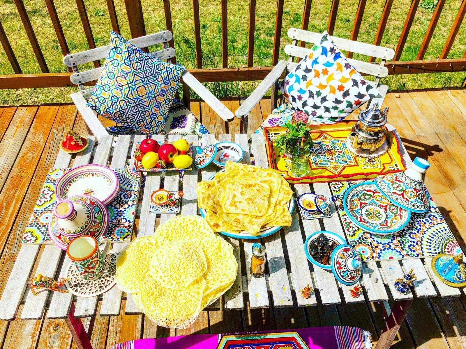 Hand Painted Moroccan White Decorative Serving Tray - Waterproof Acrylic Painting Bohemian Arabesque Home Decor (Yellow) | Perfect for Coffee Table Display, Gift Giving & Boho Chic Home Styling