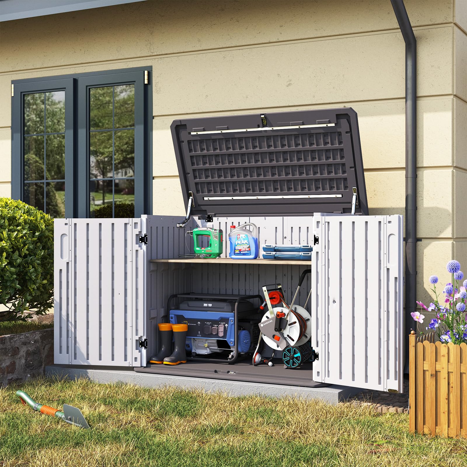 Aoxun 35 Cu.Ft Outdoor Storage Cabinet - Waterproof Horizontal Shed for Trash Cans, Generators & Lawn Mowers - Durable White Weatherproof Storage Solution for Patio, Backyard & Garden Organization